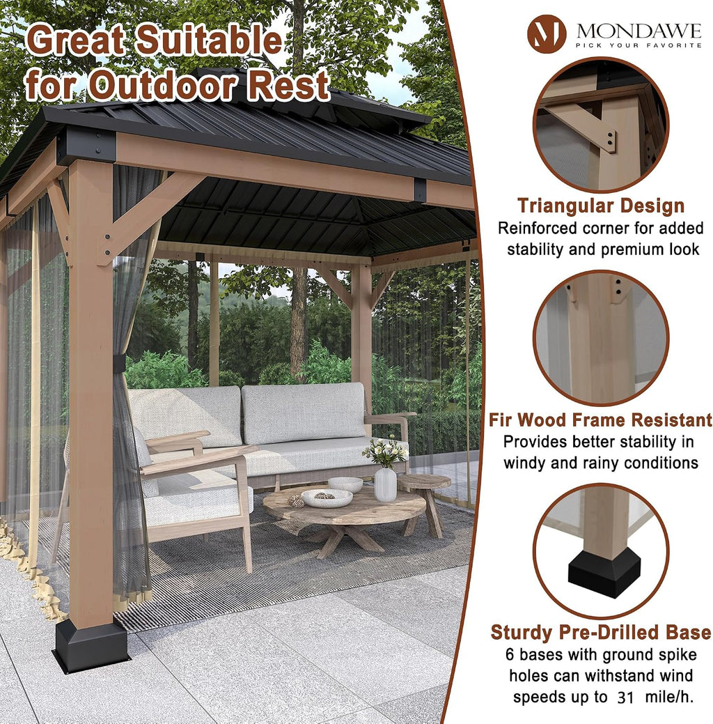 Cedar Wood Gazebo 10x12Ft Hardtop Gazebo with Netting, Outdoor Permanent Gazebo Pergola with Galvanized Steel Double Roof Pavilion for Patio Lawn Garden