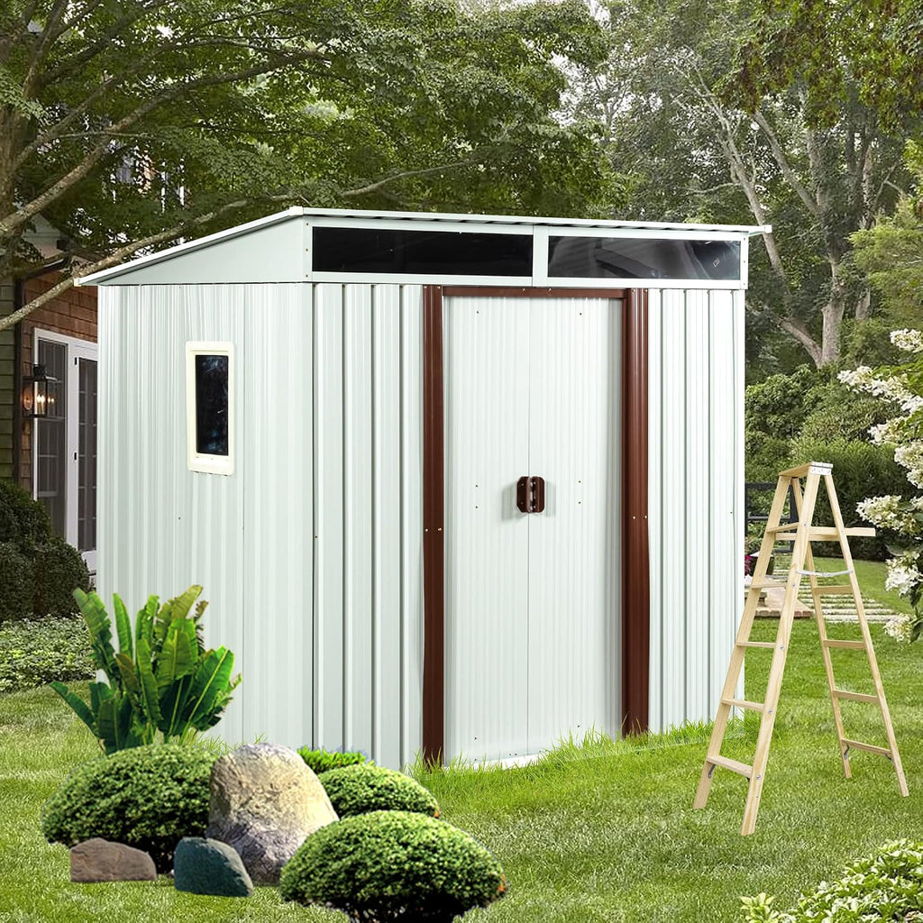 GDFStudio 6ft x 5ft Outdoor Metal Storage Shed with Window and Metal Foundation, White Garden Tool Organizer, Galvanized Iron Frame, Sliding Doors, UV Resistant Steel Panels, Padlock & Accessories