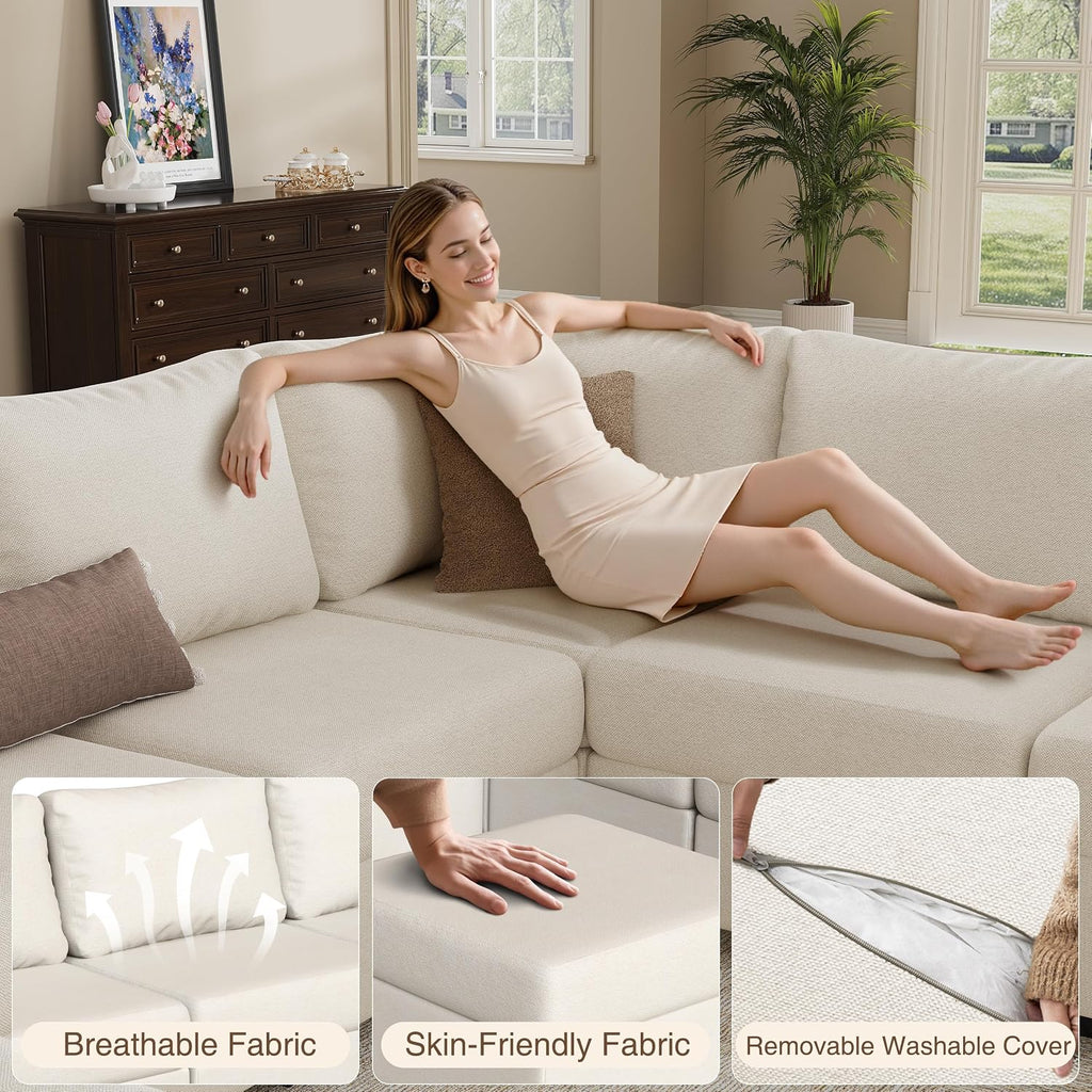 Modular Sectional Sofa Couches, Large Convertible Modular Couches with Storage, 8-Seater Sectional Sofa for Living Room, U Shaped Sectional Couch Sleeper Sofa with Chaise (Beige, 8 Seats)
