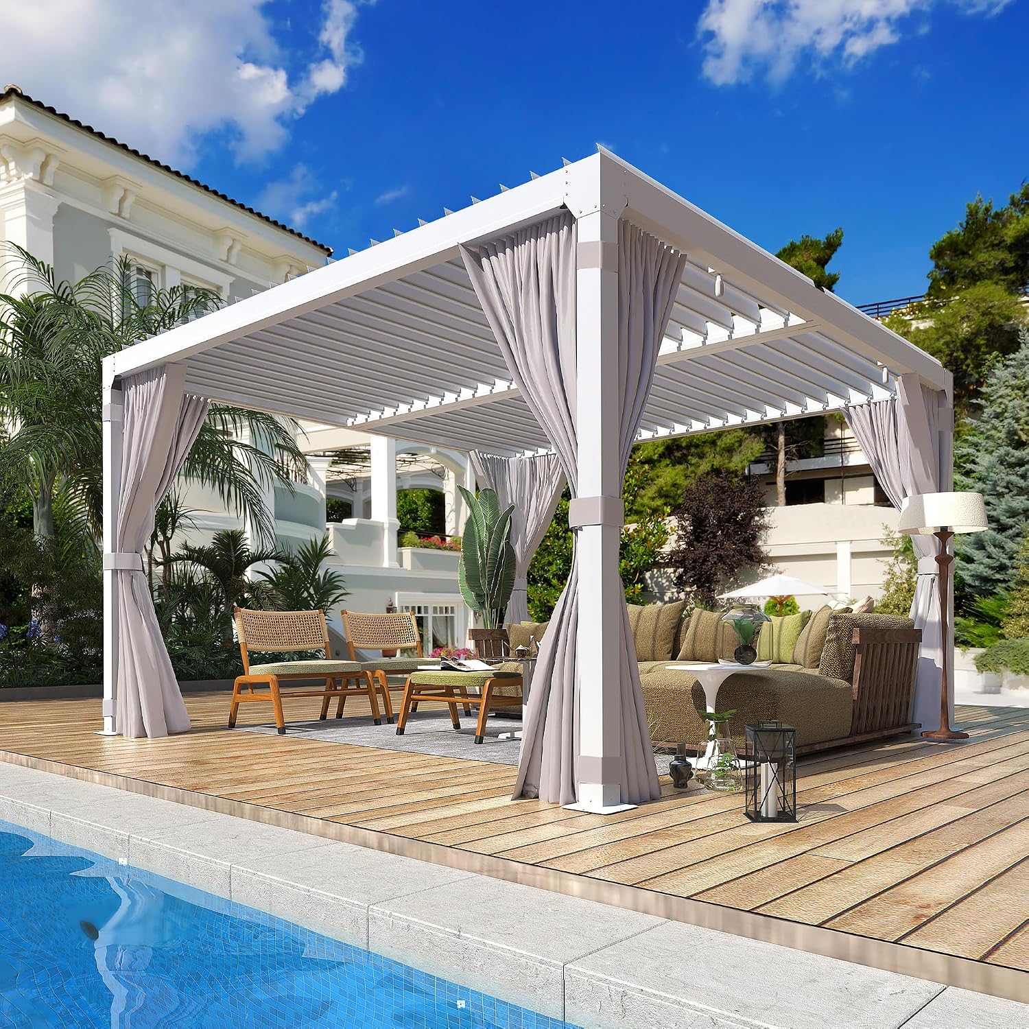 YOLENY Louvered Pergola - 10x10, All Aluminum with Adjustable Rainproof Roof, Outdoor Pergola with Curtains and Nets for Patio & Garden, White