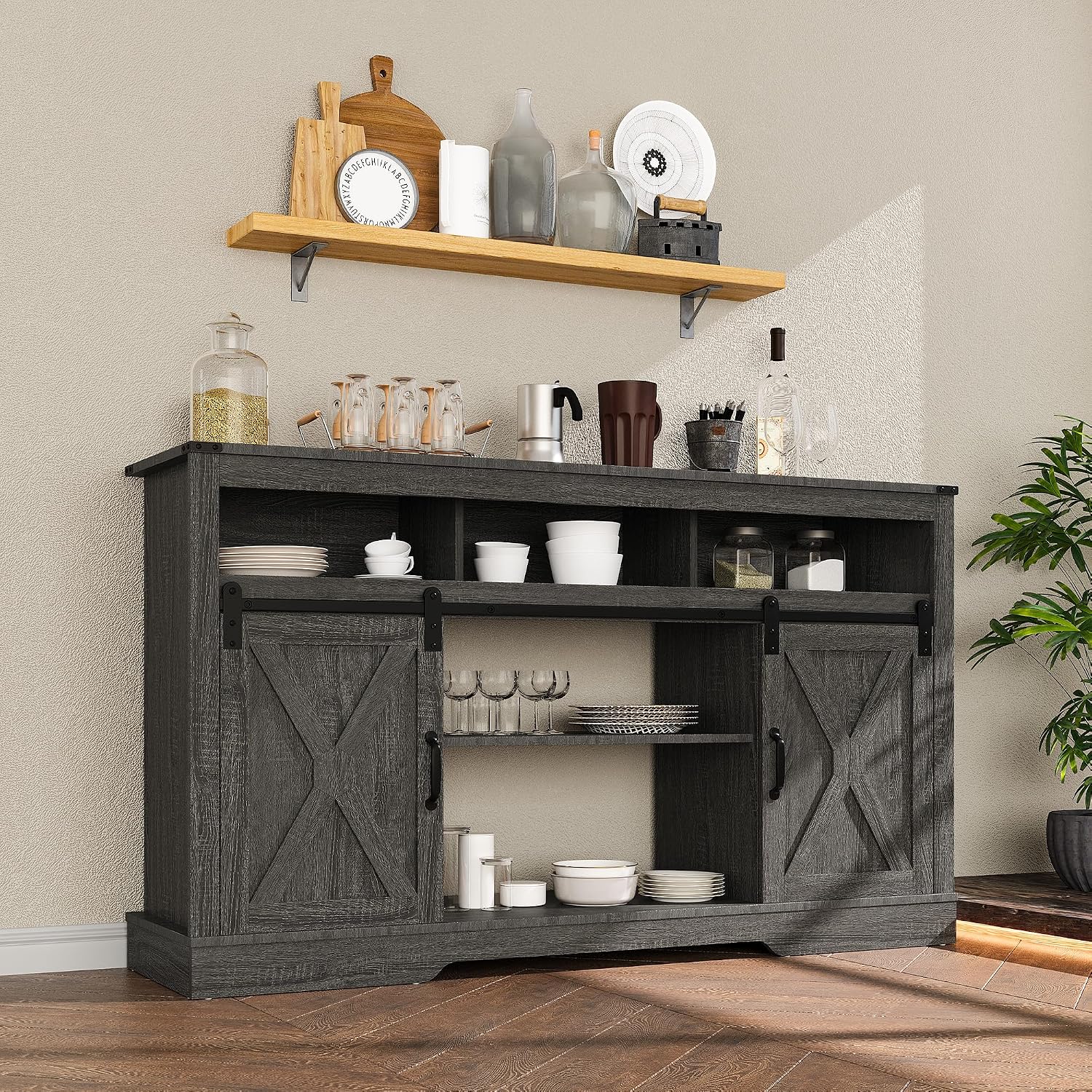 RoyalCraft TV Stand for 65+ Inch TV: Farmhouse Entertainment Center with Storage, Wood TV Console Cabinets with Sliding Barn Door, Tall Media with Adjustable Shelves for Living Rooms, Gray