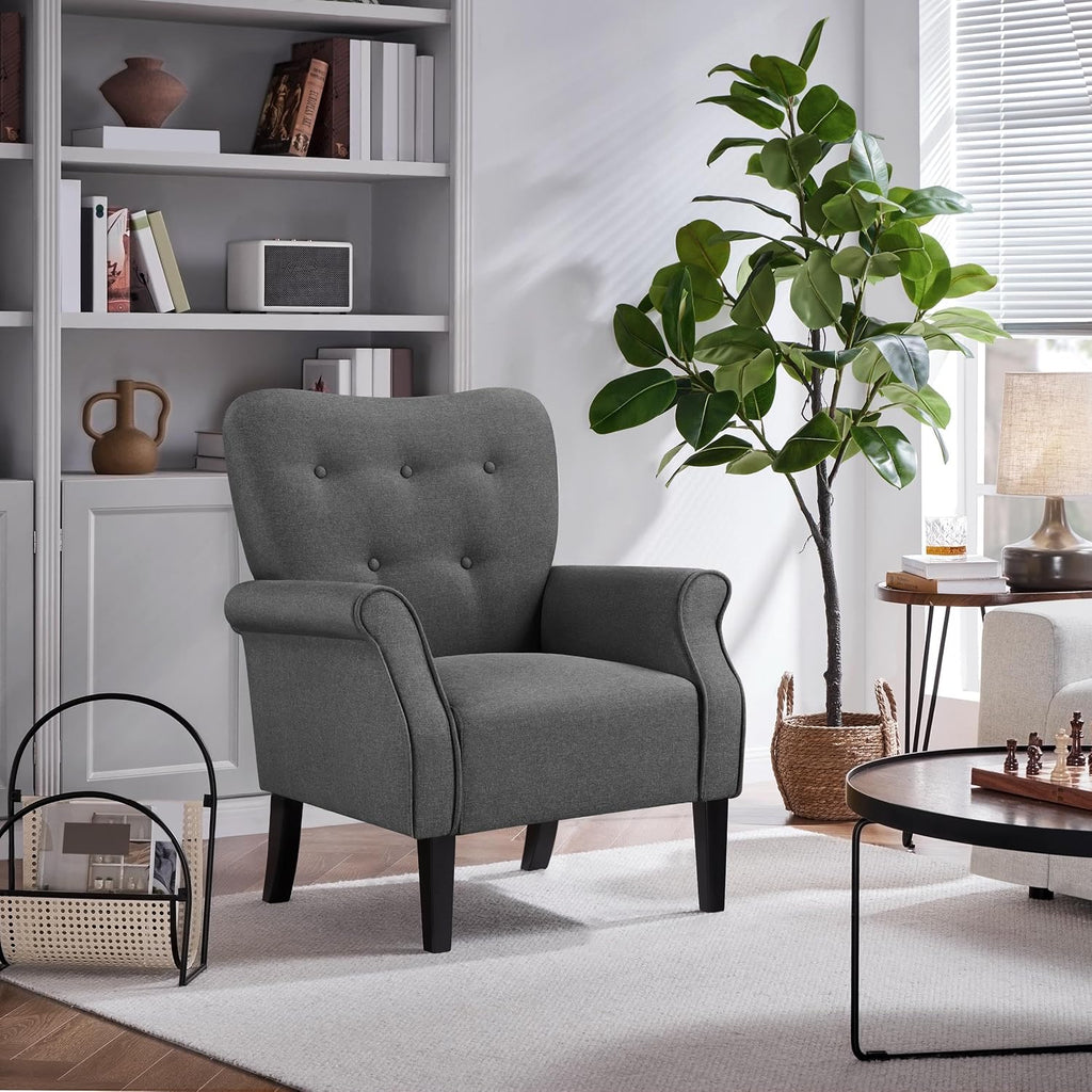 Yaheetech Modern Armchair, Mid Century Accent Chair with Sturdy Wood Legs and High Back for Small Space, Upholstered Fabric Sofa Club Chair for Living Room/Bedroom/Office, Set of 2, Dark Gray