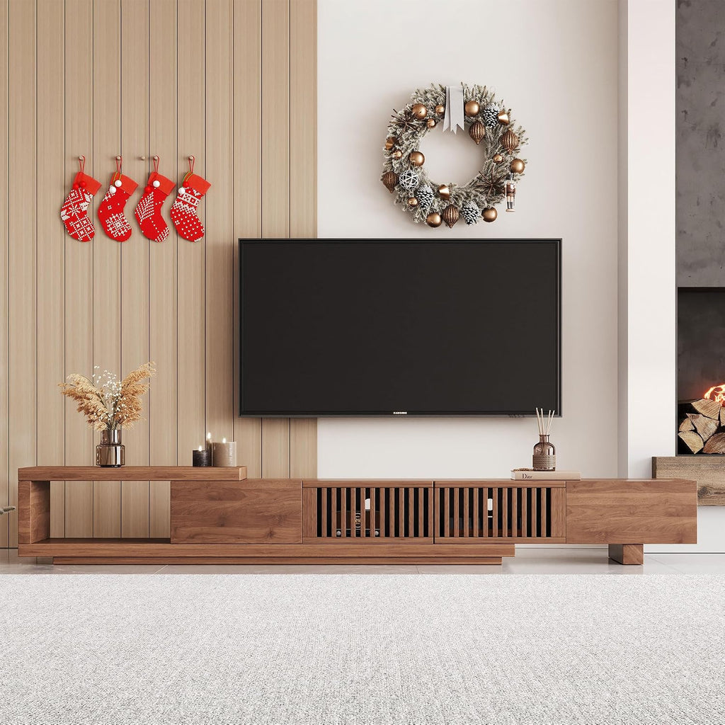 Mid Century Modern TV Stand for 75+ Inch TVs, Extendable Media Console (78'-103') with Ample Storage - Sleek Walnut Entertainment Center for Living Room