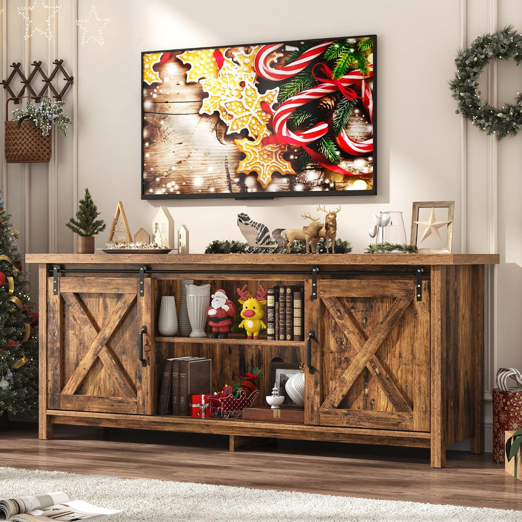 Farmhouse TV Stand for 65 Inch TV with Sliding Barn Door, Rustic Wood Entertainment Center Large Media Console Cabinet Long Television Stands,Console Table and Media Furniture for Living Room(Brown)