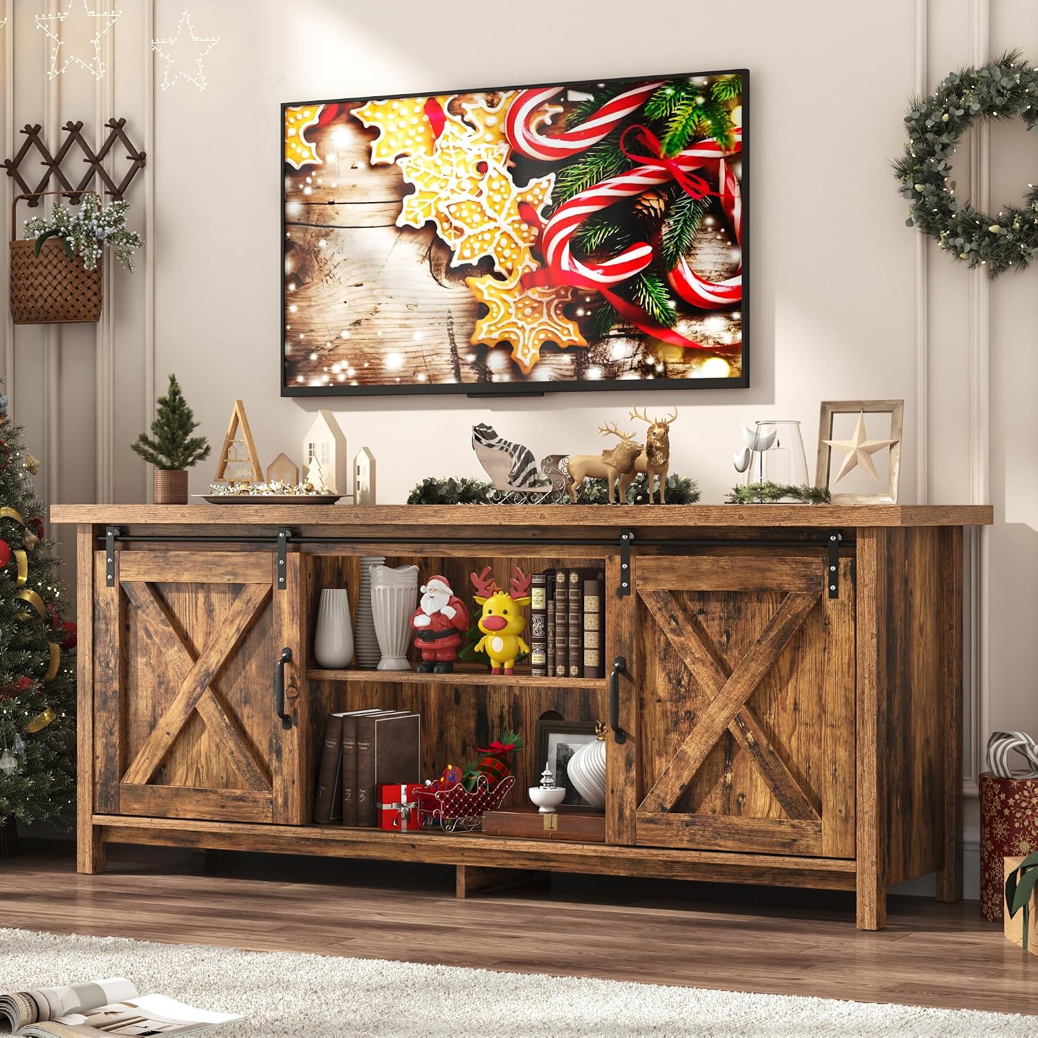 Farmhouse TV Stand for 65 Inch TV with Sliding Barn Door, Rustic Wood Entertainment Center Large Media Console Cabinet Long Television Stands,Console Table and Media Furniture for Living Room(Brown)