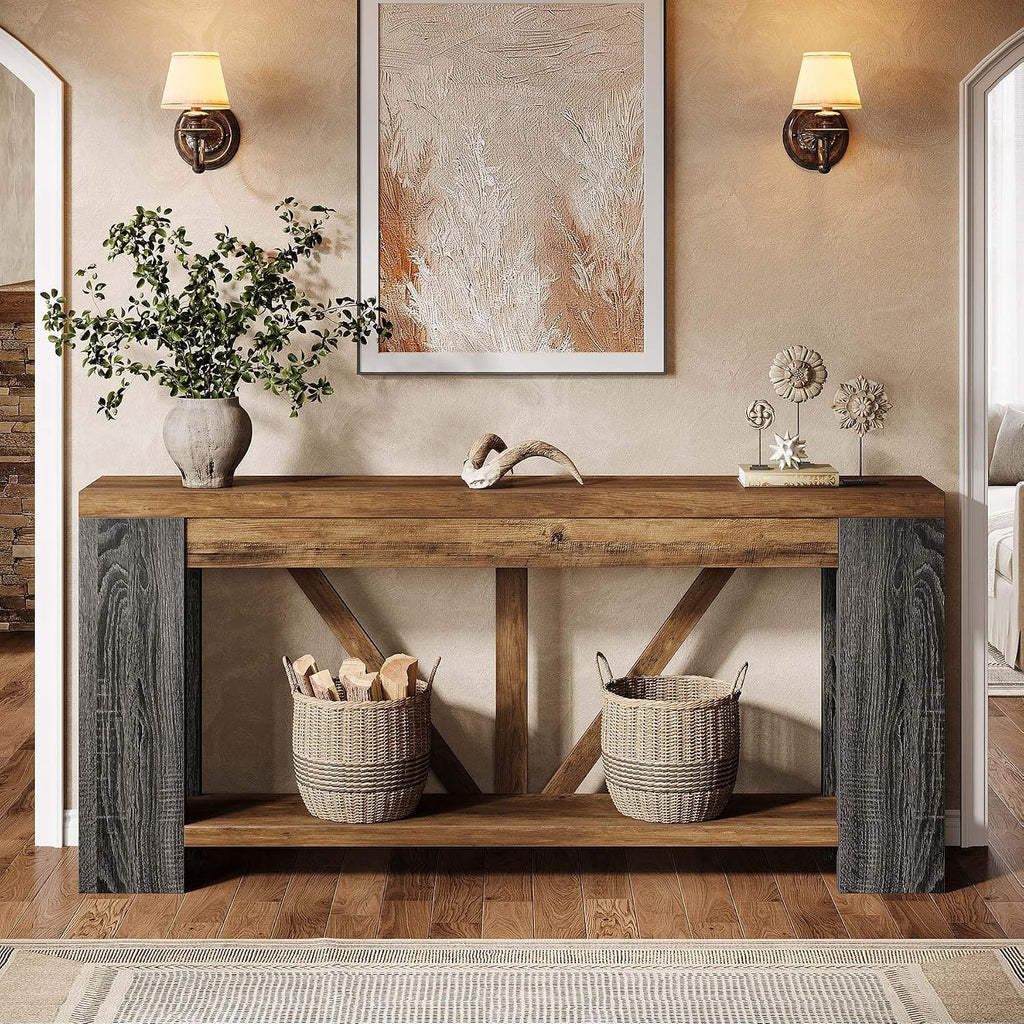 Tribesigns 70.9' Narrow Long Console Table, 2-Tier Farmhouse Entryway Table with Storage Shelf, Rustic Sofa Table Behind Couch for Hallway, Foyer, Living Room, Rustic Brown&Grey