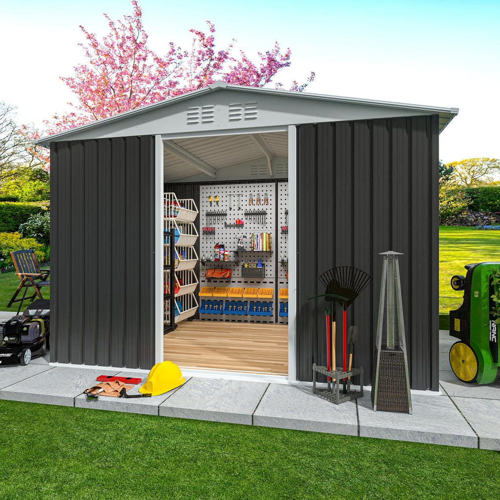8x6 FT Large Outdoor Storage Shed, Galvanized Tool Shed, Metal Garden Shed with Apex Roof & Lockable Door, Waterproof Rust-Resistant for Patio Furniture Lawnmower Bike