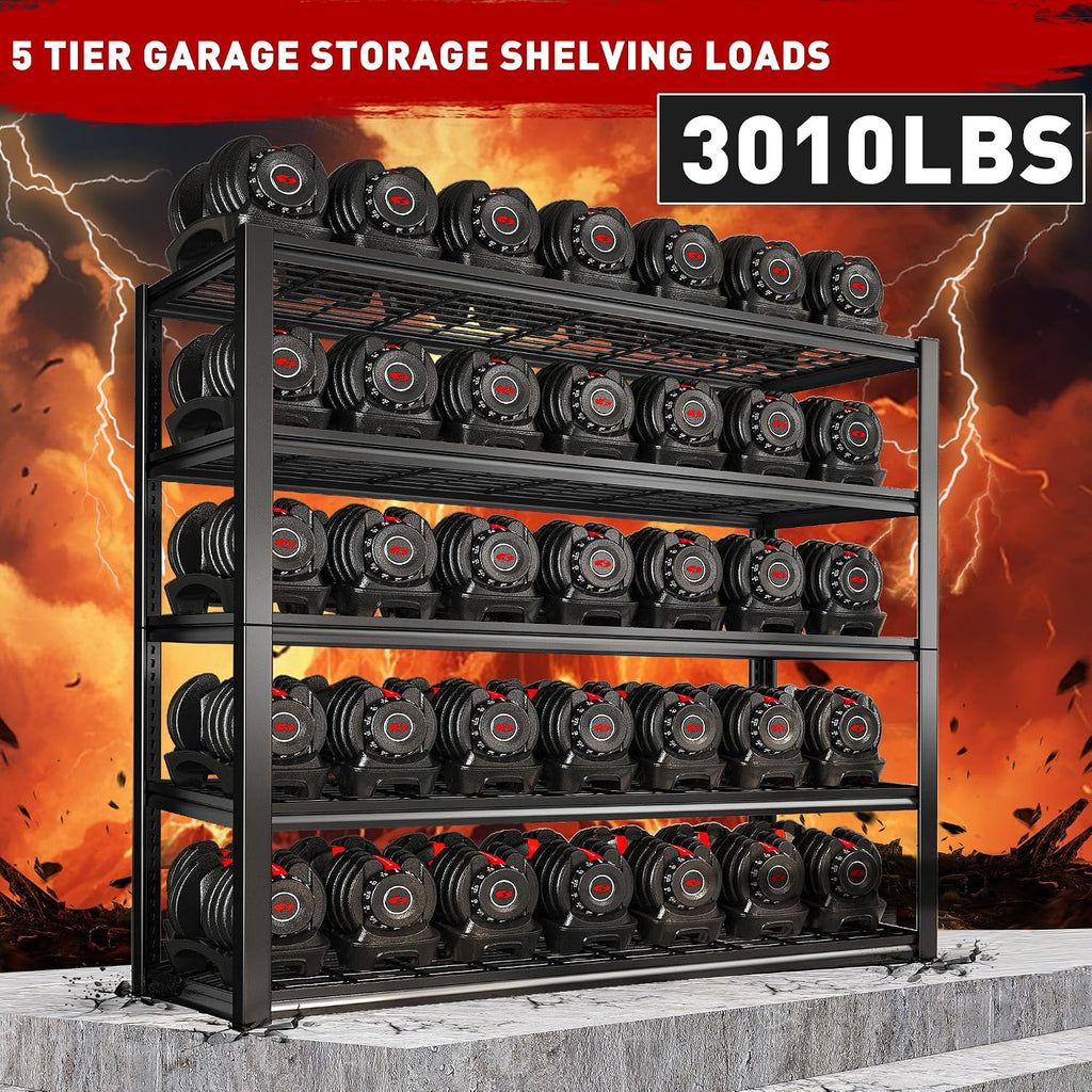 REIBII 48.2'' W Garage Shelving, 3010LBS Storage Shelves Heavy Duty, 5 Tier Adjustable Metal Shelving Unit for Warehouse, Garage, Basement, 48.2' W x 24.5' D x 72' H