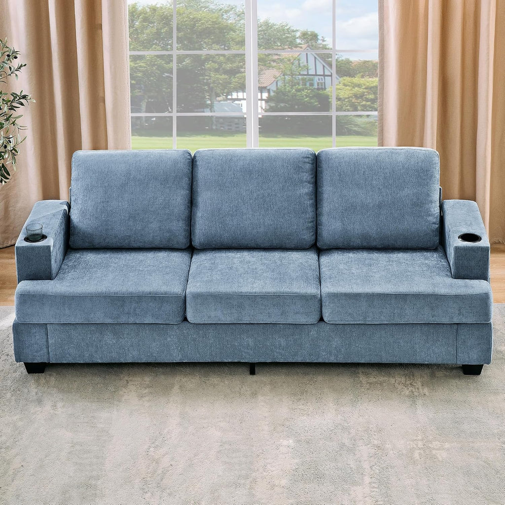 89' Chenille 3-Seater Sofa with Cup Holders and Side Storage Pockets, Modern Sofa for Living Room, Deep Seat Couches for Apartment Lounge, Blue