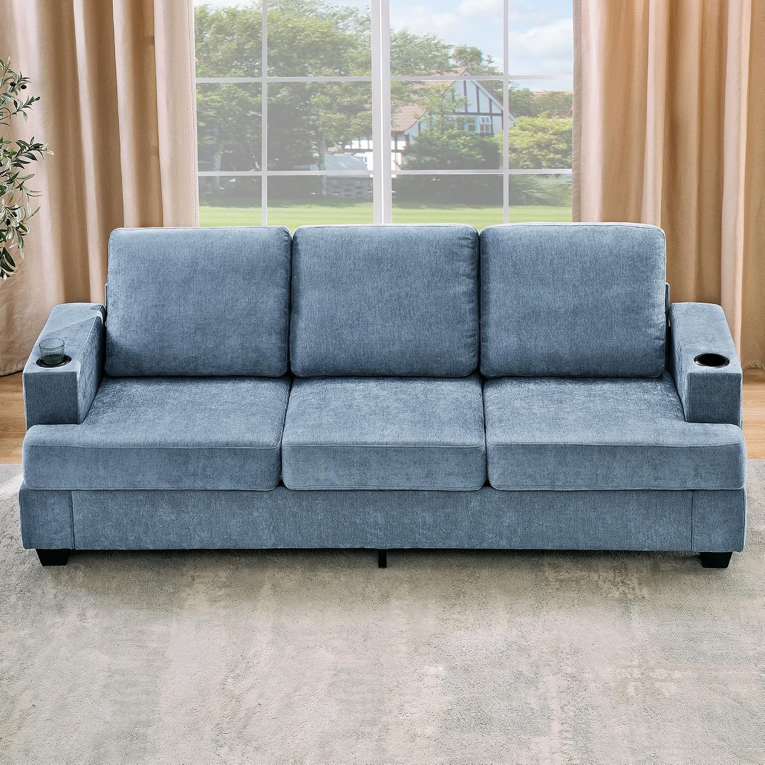 89' Chenille 3-Seater Sofa with Cup Holders and Side Storage Pockets, Modern Sofa for Living Room, Deep Seat Couches for Apartment Lounge, Blue