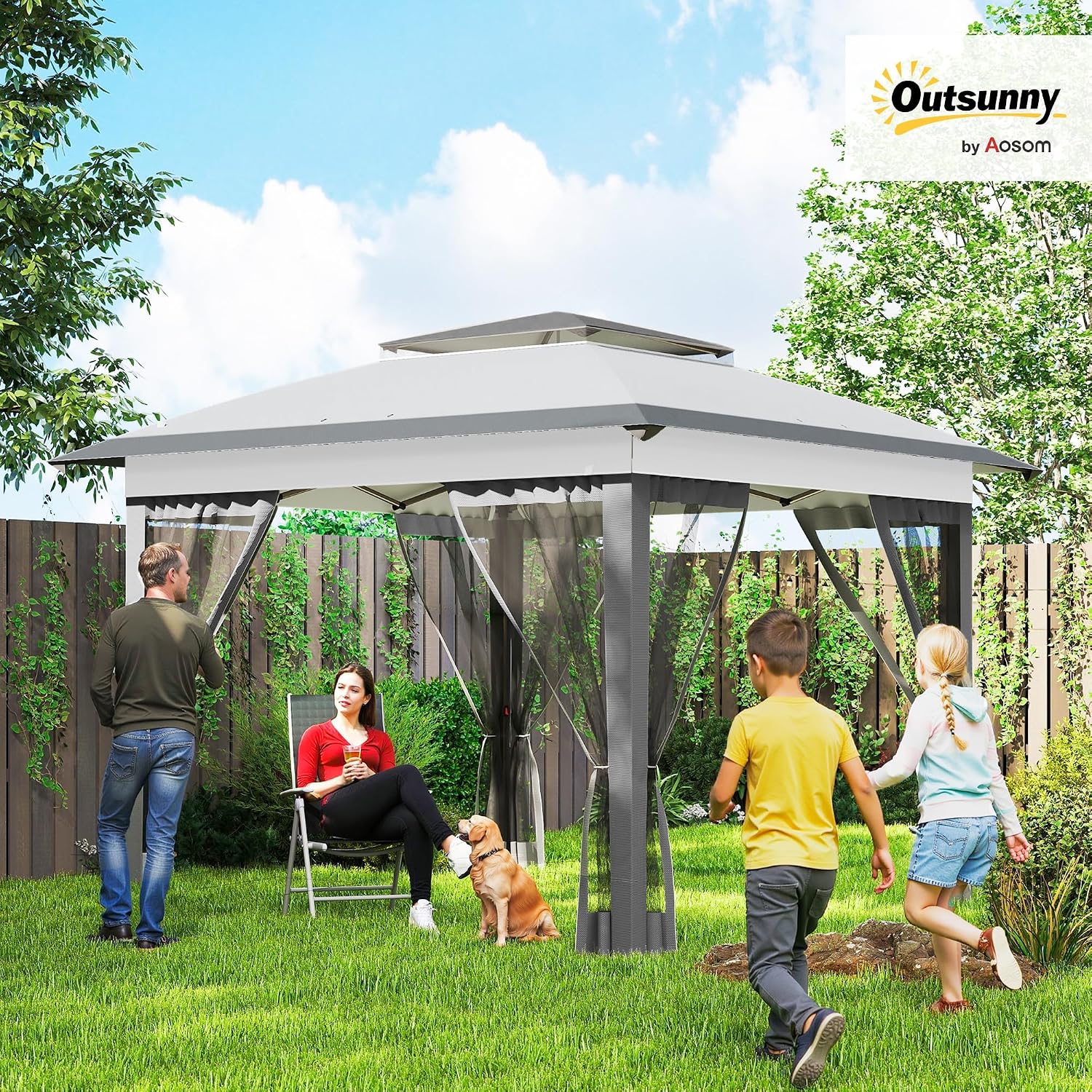 Outsunny 12' x 12' Pop Up Canopy Tent with Netting and Carry Bag, Instant Sun Shelter with 137 sq.ft Shade, Tents for Parties, Height Adjustable, for Outdoor, Garden, Patio, Gray