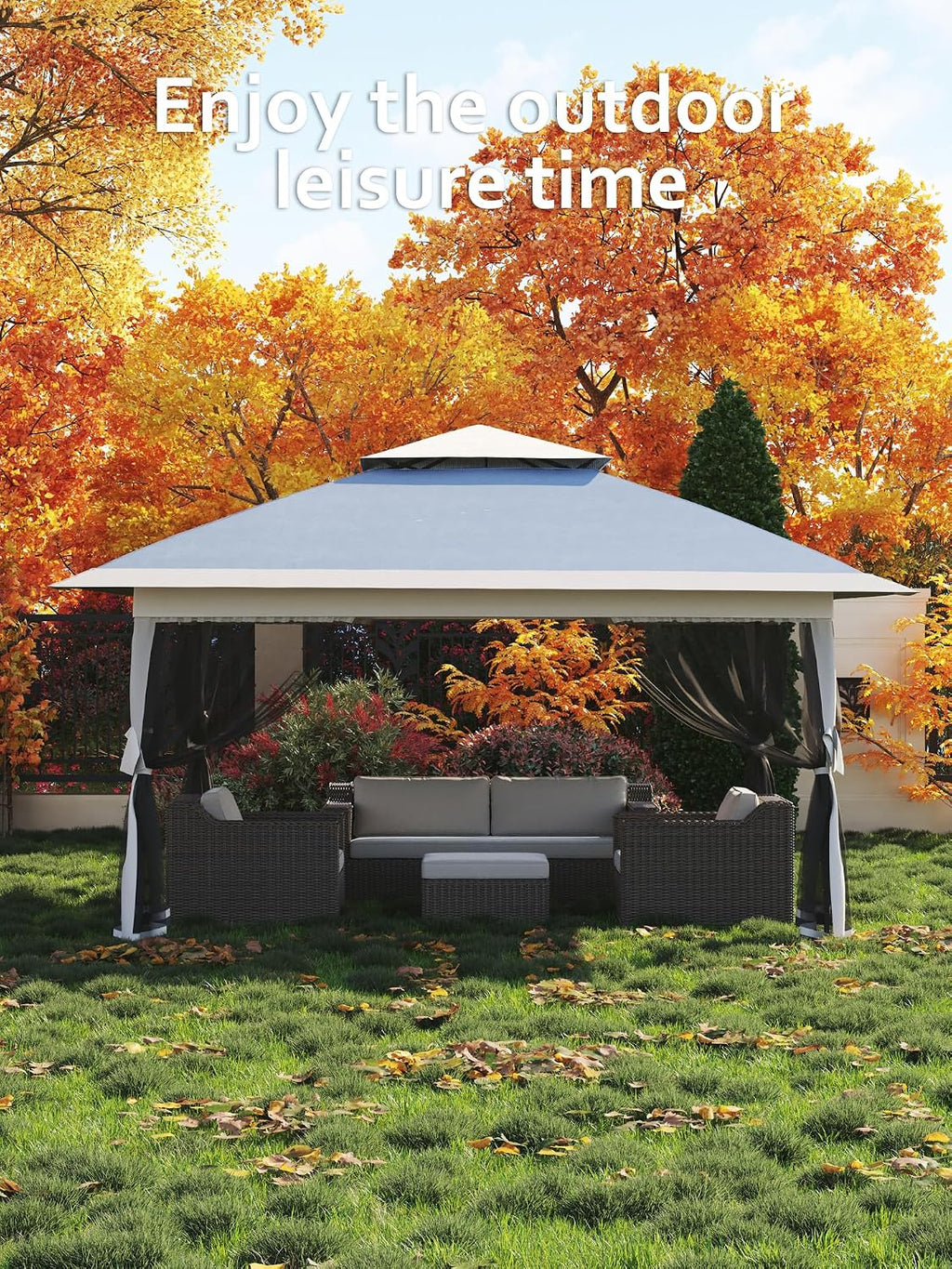 Garvee 13x13 ft Pop Up Gazebo, Canopy Tent with Mosquito Netting, Outdoor Gazebos for Backyard & Patio Furniture - Pop Up Canpy with Wheeled STO-N-Go Cover Bag(Navy Blue+Hemp Grey)