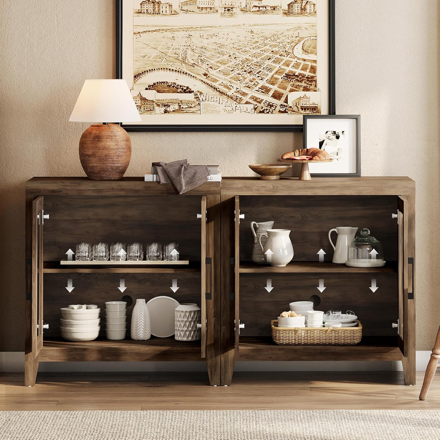 WAMPAT Farmhouse TV Stand for TVs up to 65 Inch, Rustic Wood Entertainment Center & Media Console with 4 Storage Doors, Accent Cabinet for Living Room, Hallway, Rustic Brown