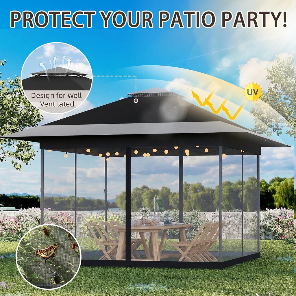 Bezseller 13x13 Pop Up Gazebo with Mosquito Netting – Easy 1-Person Setup, Water-Resistant Backyard Canopy for Family Patio & Garden Use, Black