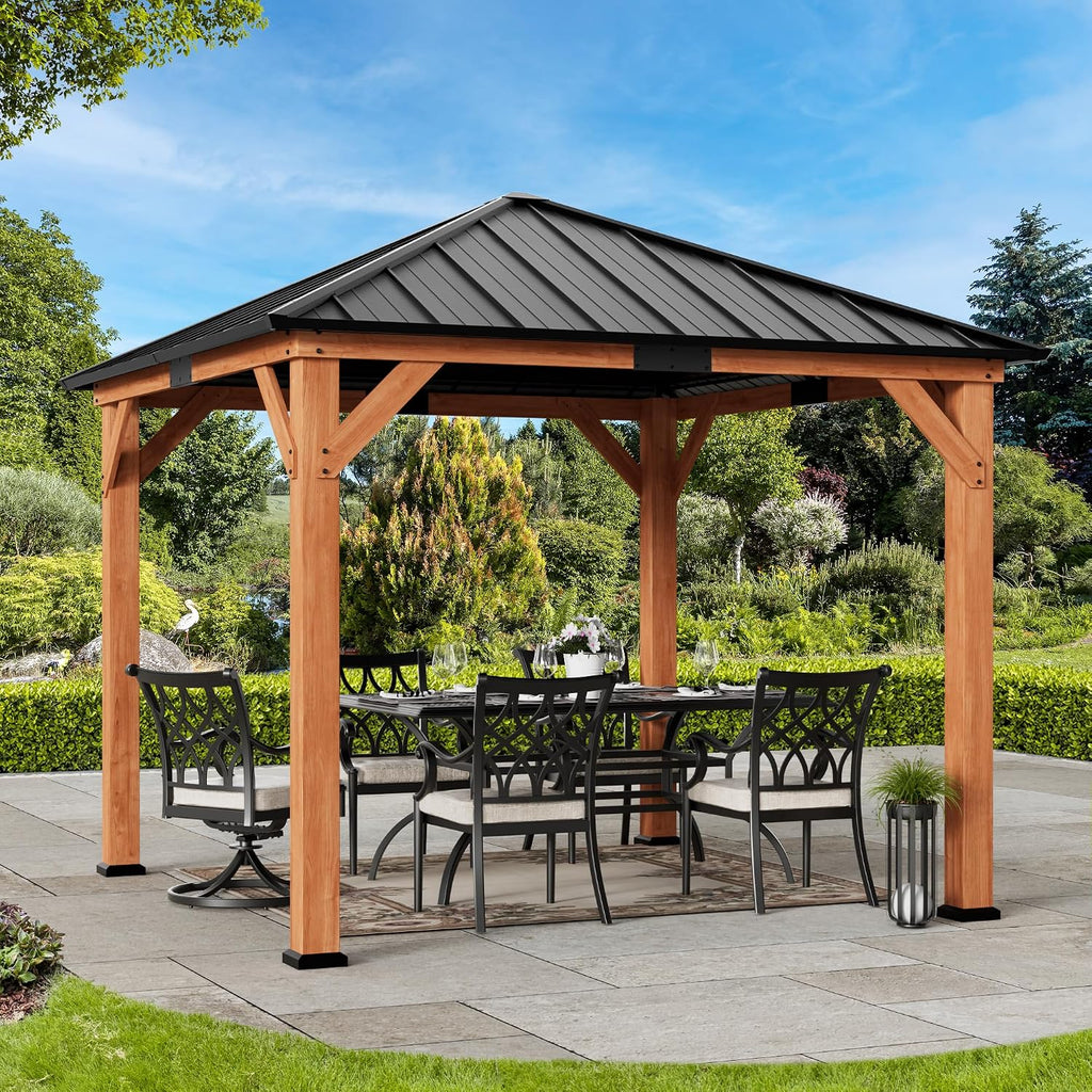 Modern Shade Tranquil Grove Wood Gazebo 10' x 10', Hardtop Gazebo Permanent with Galvanized Steel Roof, Cedar Outdoor Gazebo with Sturdy Hooks for Garden, Backyard, Patio and Deck
