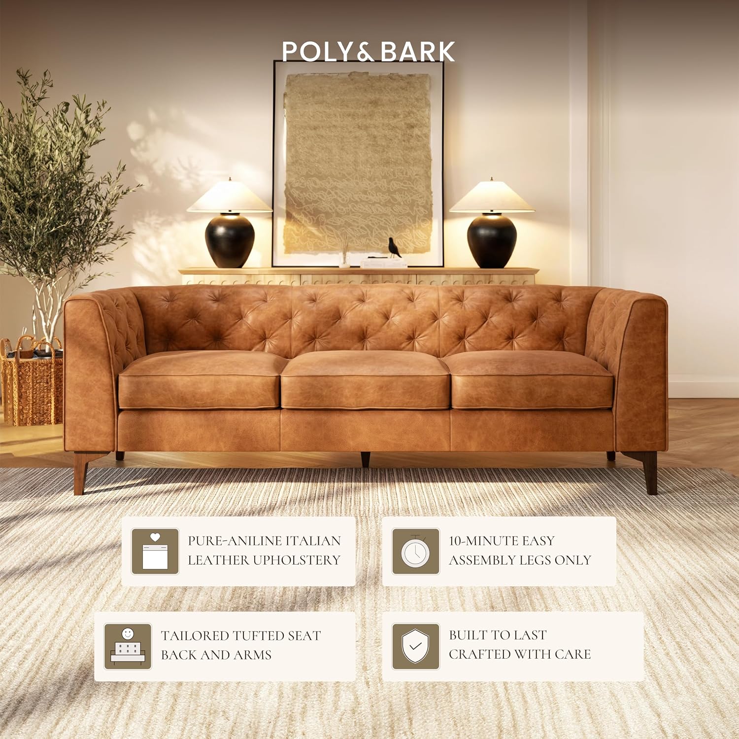 POLY & BARK Essex 89' Full-Grain Italian Leather Sofa – Tufted Back, Feather-Down Comfort, Solid Wood Frame, Cognac Tan