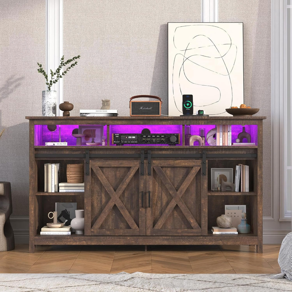 jiteentarou Farmhouse TV Stand for 65 Inch TV with Power Outlet, LED Entertainment Center with Storage and Sliding Barn Doors, Wood Media Console for Living Room, Brown