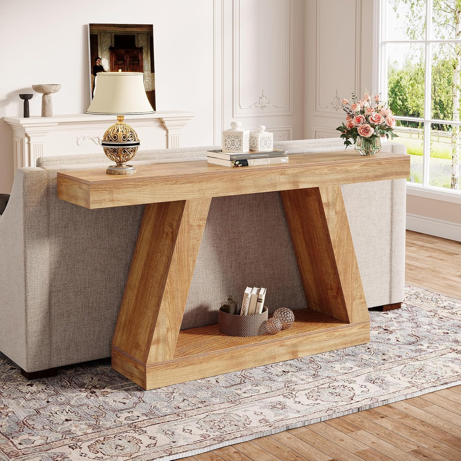 Tribesigns Farmhouse Console Table, 55-Inch Rustic Sofa Table with Storage, Industrial Wooden Entryway Table for Hallway, Living Room, Natural Brown