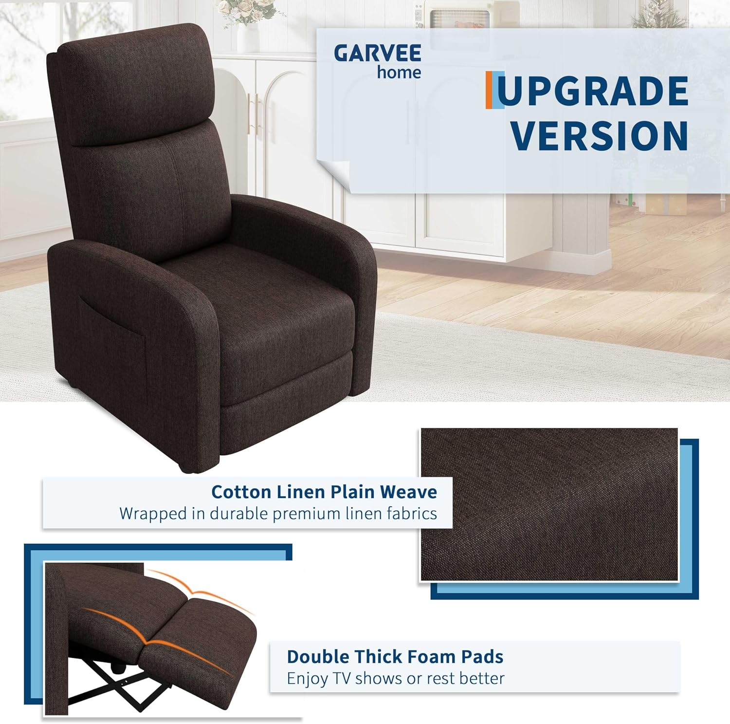 Garvee Recliner Chair for Adults, Lazy Reclining Chair Ergonomic Adjustable Single Sofa Enhanced with Side Pocket, Tall Back, Wide Arms & Padded Seat, Home Theater Seating for Living Room