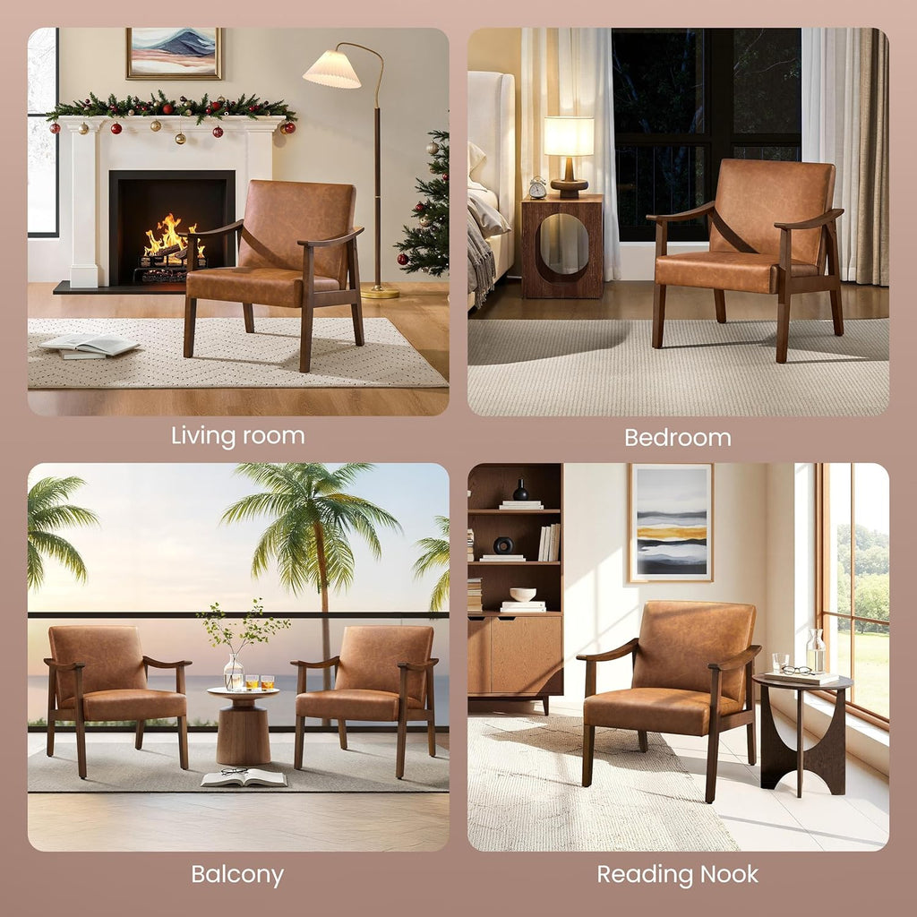 Yaheetech PU Leather Accent Chair, Mid-Century Modern Armchair with Solid Wood Legs, Reading Leisure Chair with High Back for Living Room Bedroom Waiting Room, Set of 2, Brown