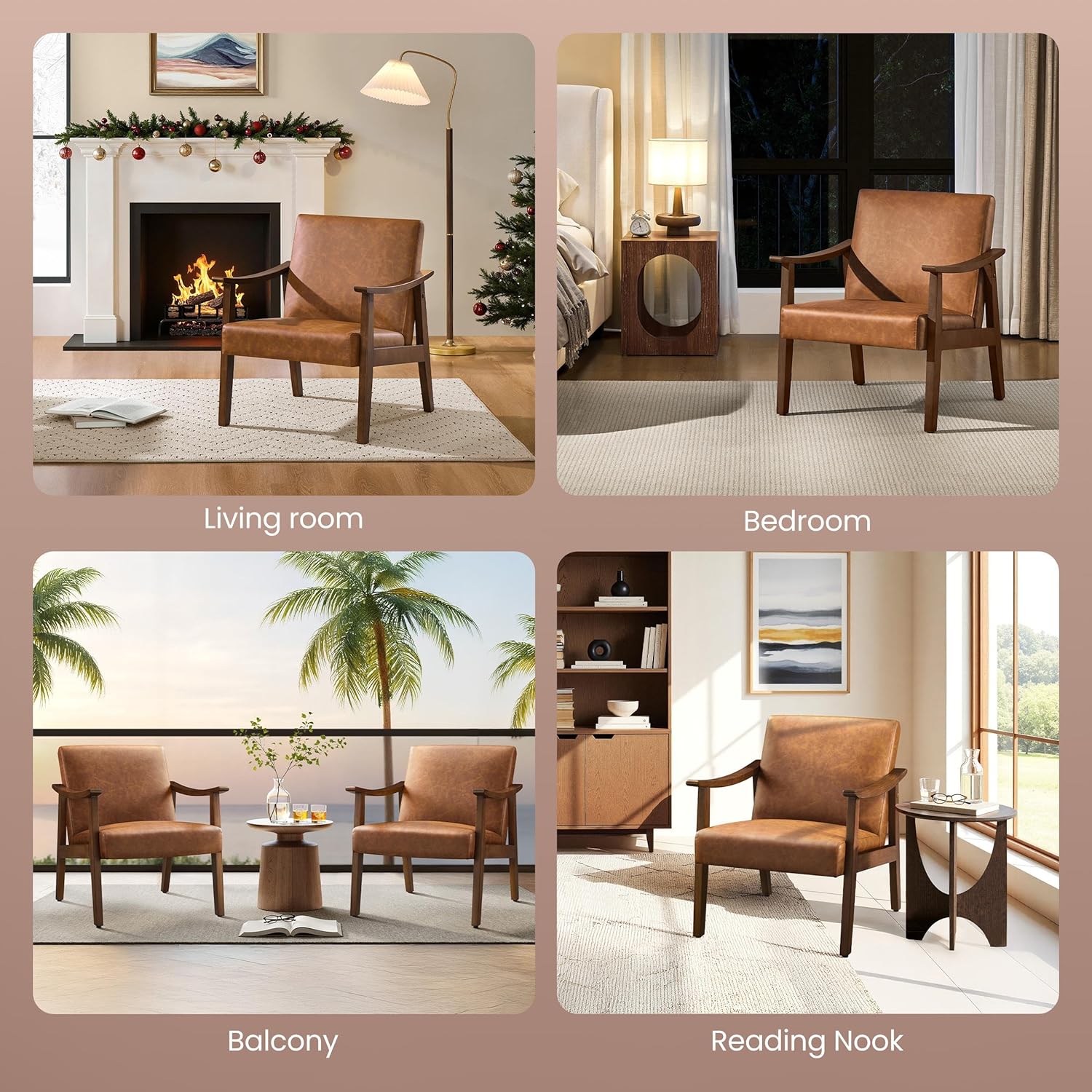 Yaheetech PU Leather Accent Chair, Mid-Century Modern Armchair with Solid Wood Legs, Reading Leisure Chair with High Back for Living Room Bedroom Waiting Room, Set of 2, Brown