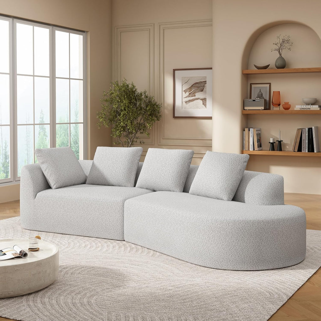 Merax 116' Curved Polyester Sectional Sofa, Modern Pearl Upholstery 3 Seat Cloud Couch with Chaise Lounge & 4 Pillows for Living Room, White+Gray
