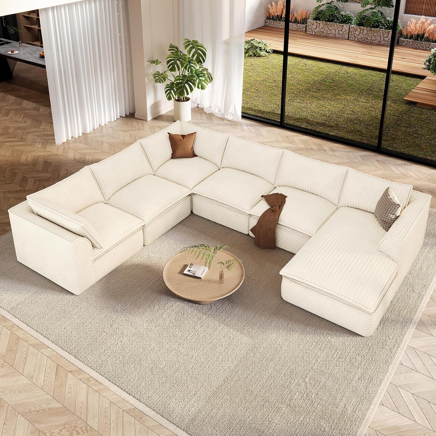 Vesgantti 141.7' Oversized Sectional Boneless Couch, Modern 7 Seater Modular Sofa with Chaise, Deep Seat Convertible Plush Corduroy Cloud Couches for Living Room, No Assembly Required, Beige