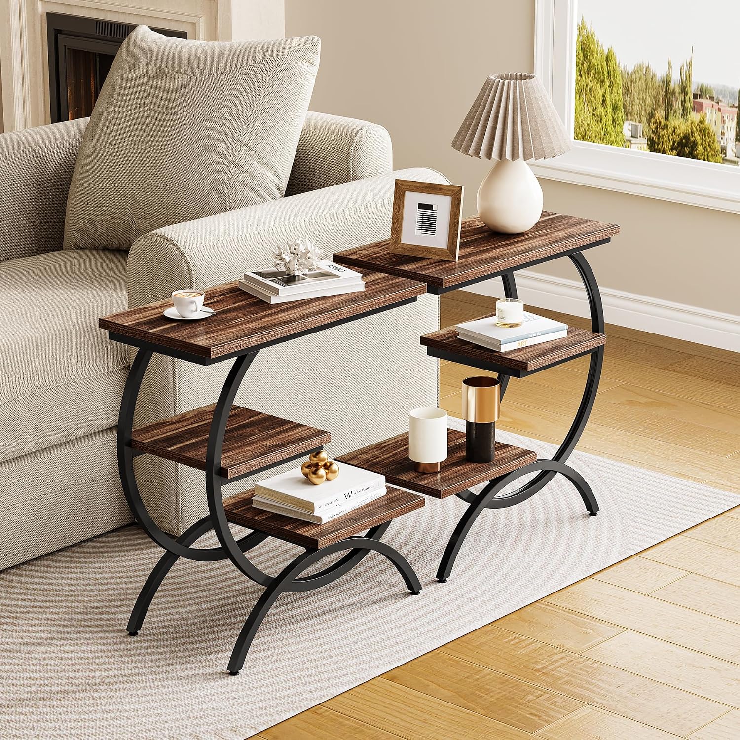 LITTLE TREE End Table Set 2, Narrow End Table with 3 Storage Shelves, Industrial C-Shaped Small Sofa Side Table for Living Room, Wood Slim Snack Table with Black Metal Frame, Rustic Brown