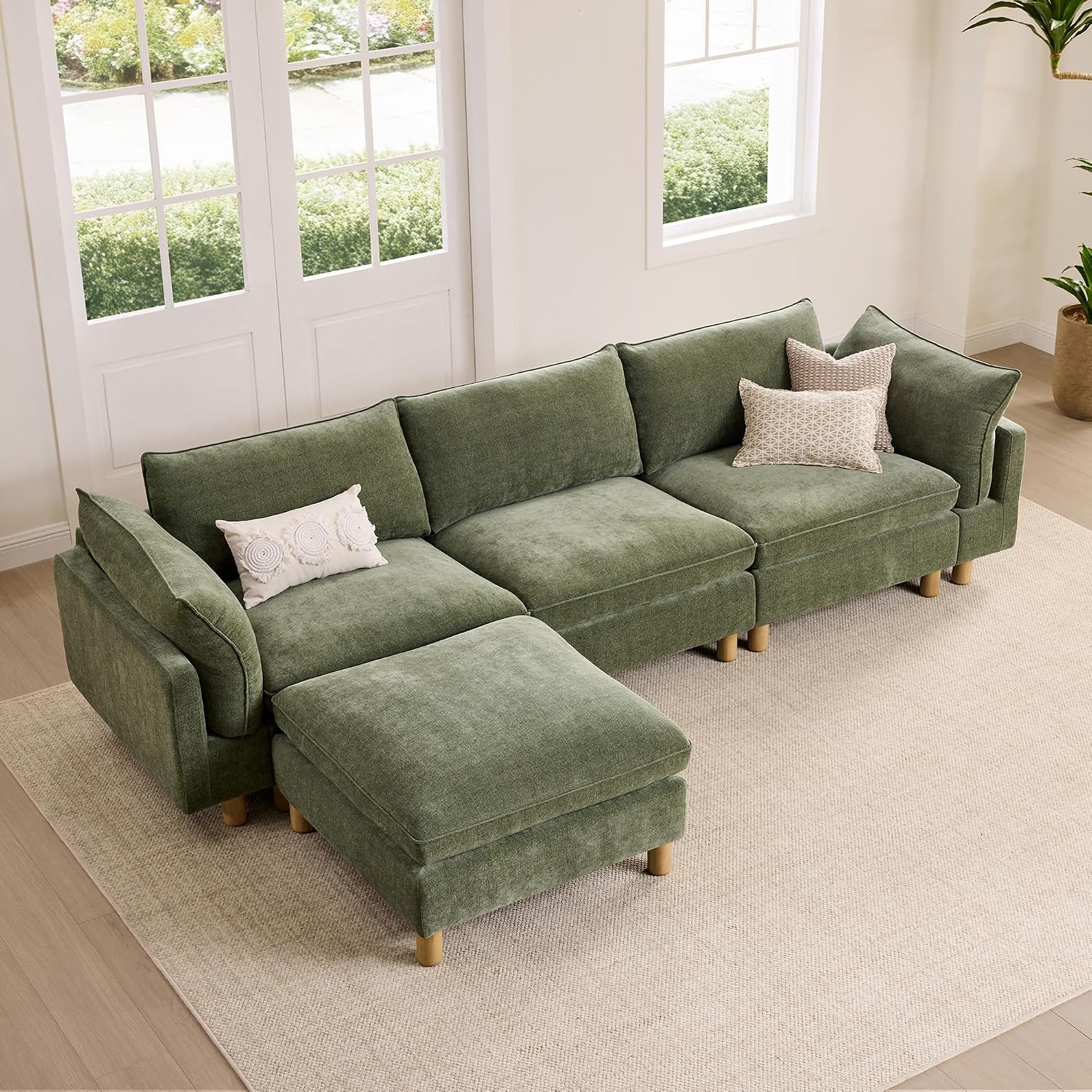 CHITA 127' Super Large Sectional Couches for Living Room, Modular Cloud Couch Sectional Sofa, Premium Fabric Couches, Down Filled, High Density Foam, Chenille in Green, 4 Seat L Shaped