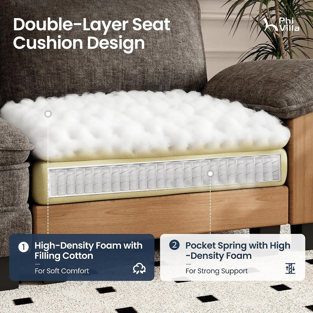 PHI VILLA Modern Modular Couches Sets, 123.6' Cloud Sectional Sofa with Upholstered Deep Seat, 3-Seater Couch for Living Room Small Spaces, Chenille Fabric, Smoky Grey
