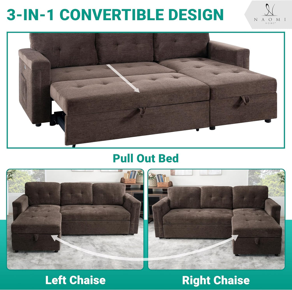 Naomi Home L-Shaped Sectional Sleeper Sofa with USB Ports - Convertible Pull-Out Bed, Ample Storage, Timeless Design, Durable Construction Espresso/Microfiber