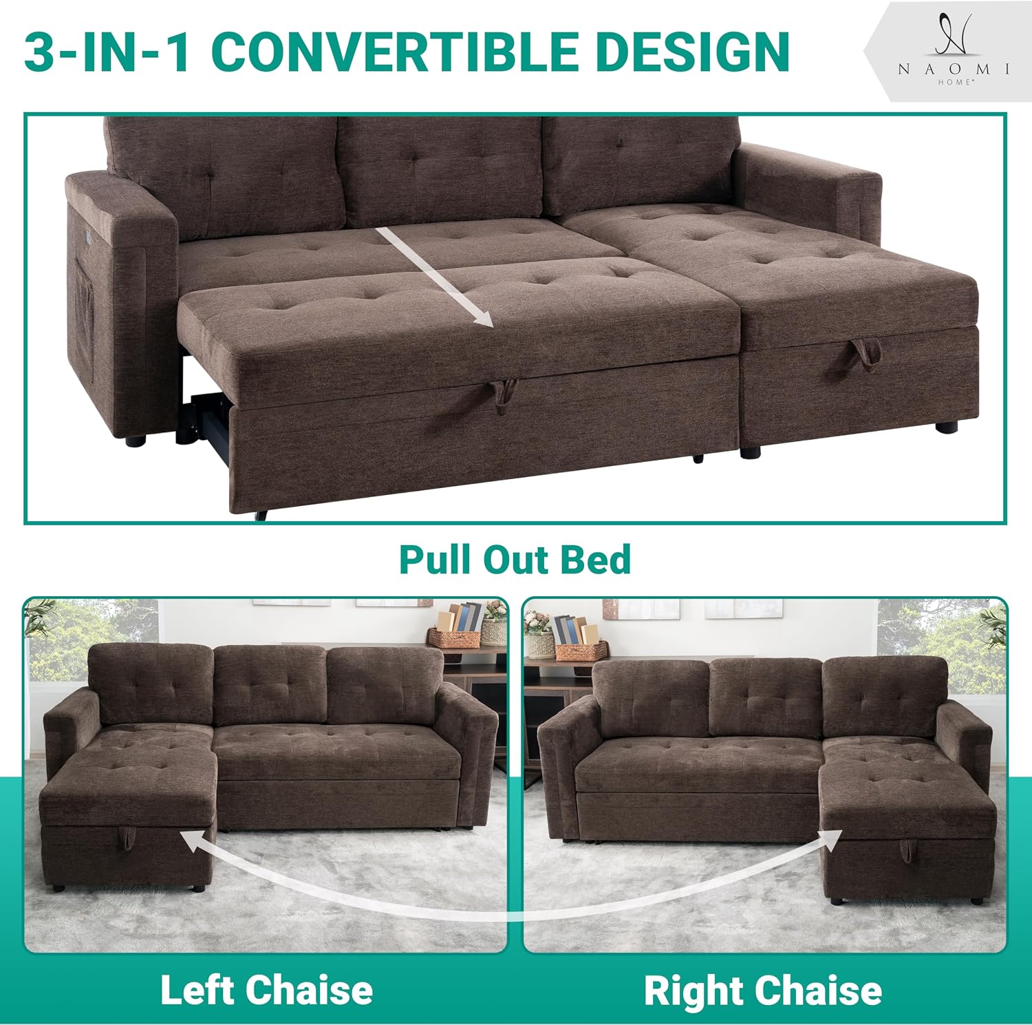 Naomi Home L-Shaped Sectional Sleeper Sofa with USB Ports - Convertible Pull-Out Bed, Ample Storage, Timeless Design, Durable Construction Espresso/Microfiber