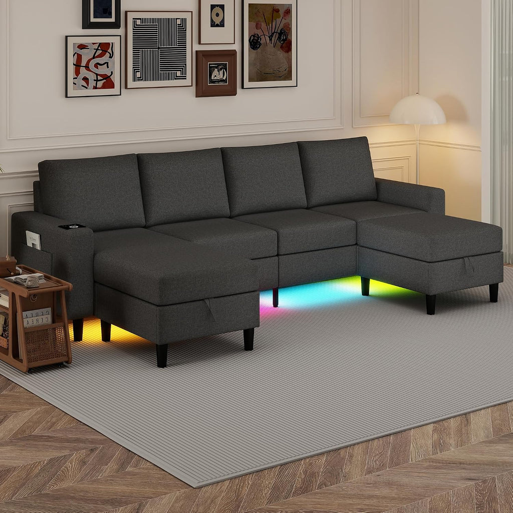 Sectional Couches for Living Room, 109' U Shaped Cloud Couch with Chaise Lounge/Storage Ottoman, 4 Seat Linen Sectional Sofa with Smart Module-Wireless Charging/USB/Type-C/RGB Lights (Dark Grey)