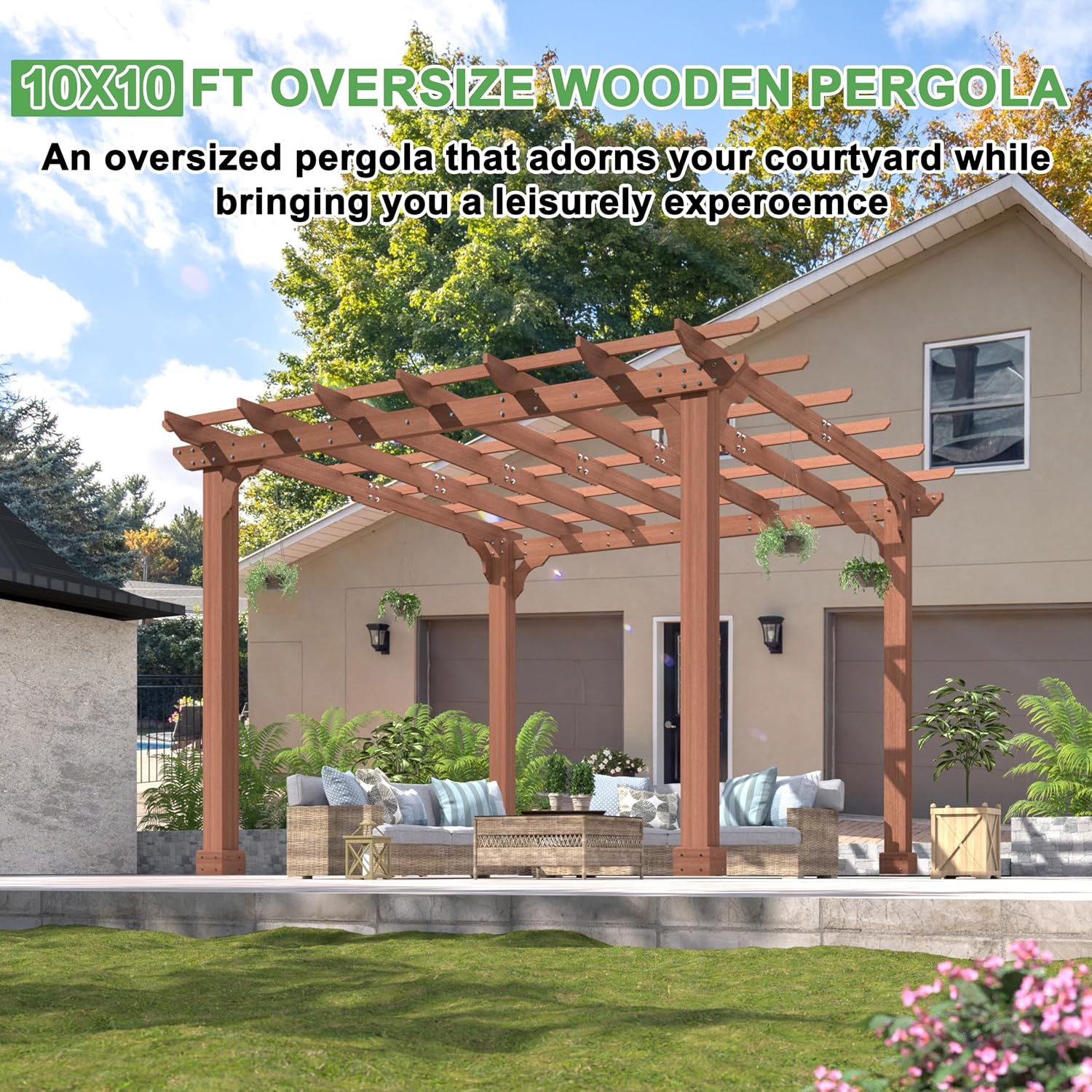 BlueWish 10'x10' Outdoor Pergola, Patio Cedar Wood Gazebo Outdoor Backyard Gazebo Pergola Kits with Slatted Roof Trellis & Stakes for Deck Grill Party Garden