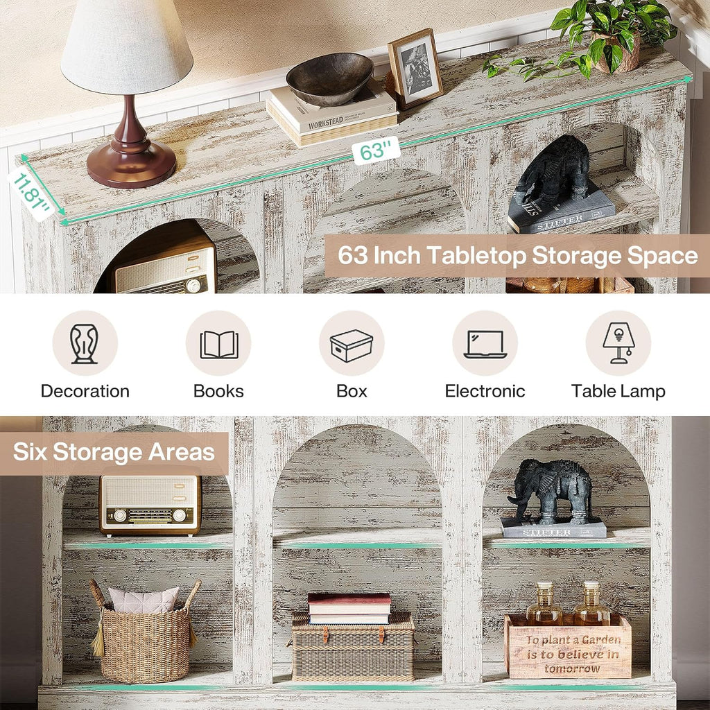 Tribesigns Farmhouse Console Table, 63-Inch Long Entryway Table with 3 Tier Storage, Wooden Rectangular Sofa Table Behind The Couch for Entrance, Hallway, Living Room, Distressed White