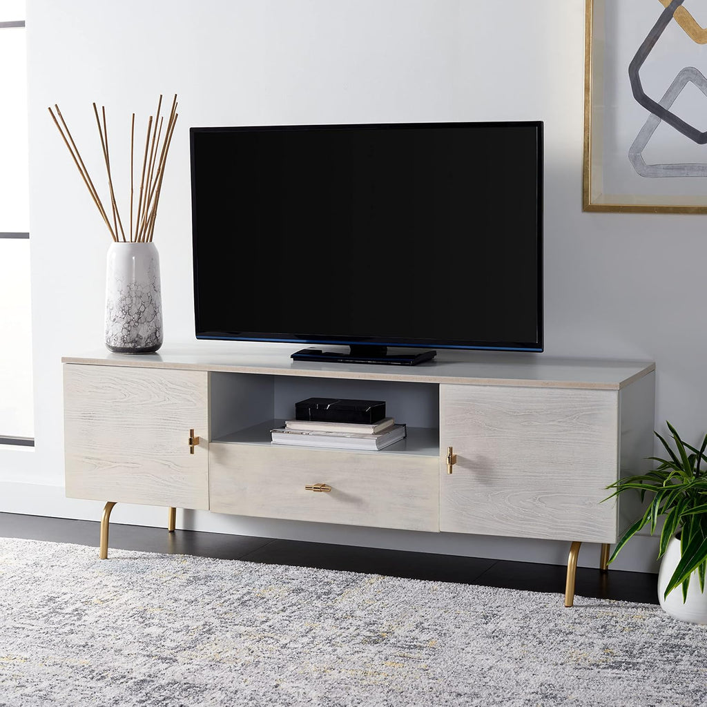 SAFAVIEH Genevieve TV Stand for up to 65' Flatscreen – Grey & White Washed Finish, Mid-Century Modern Storage Cabinet, Entertainment Media Console (MED5000E)