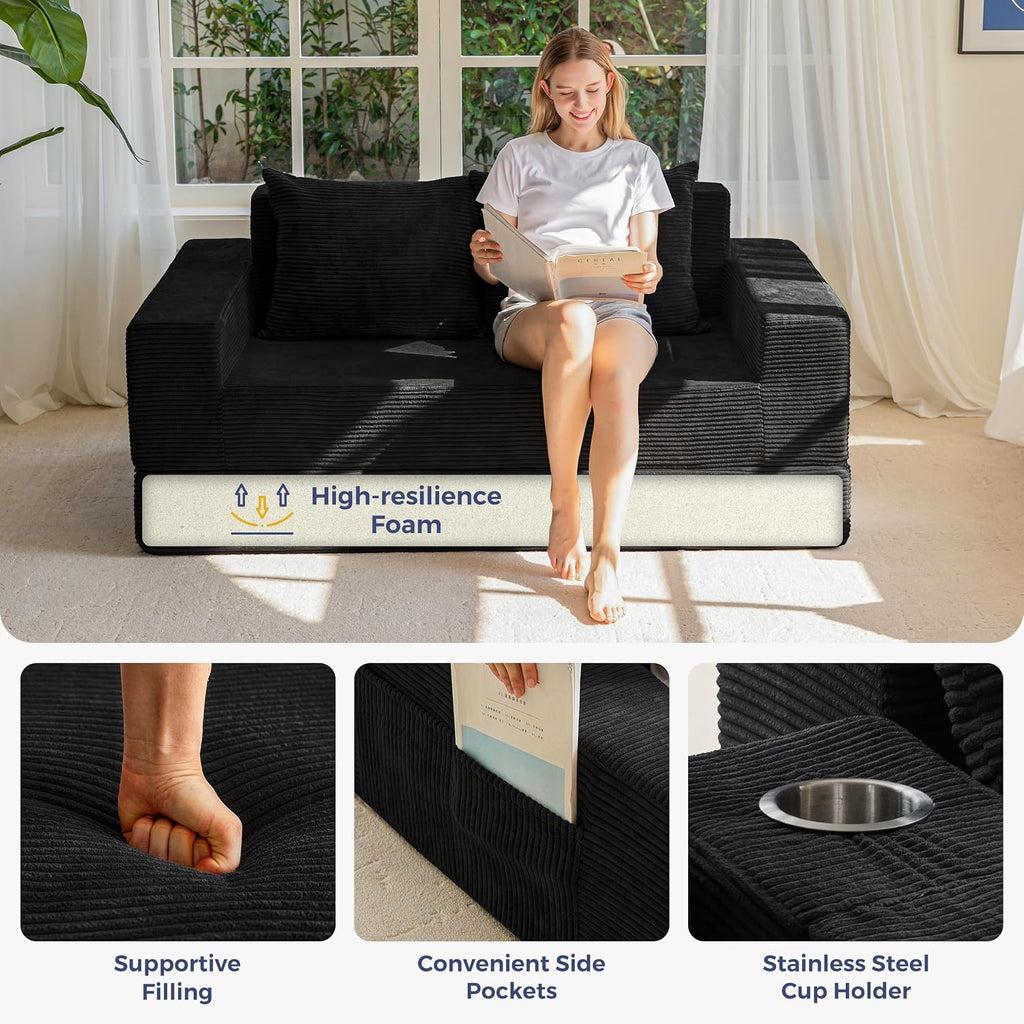 MAXYOYO Loveseat Sofa Bed, 64' Foldable Floor Sofa Couch in A Box with 2 Cup Holders, 4 in 1 Convertible Boneless Couch Folding Recliner Sleeper Chair for Living Room, No Assembly Required, Black