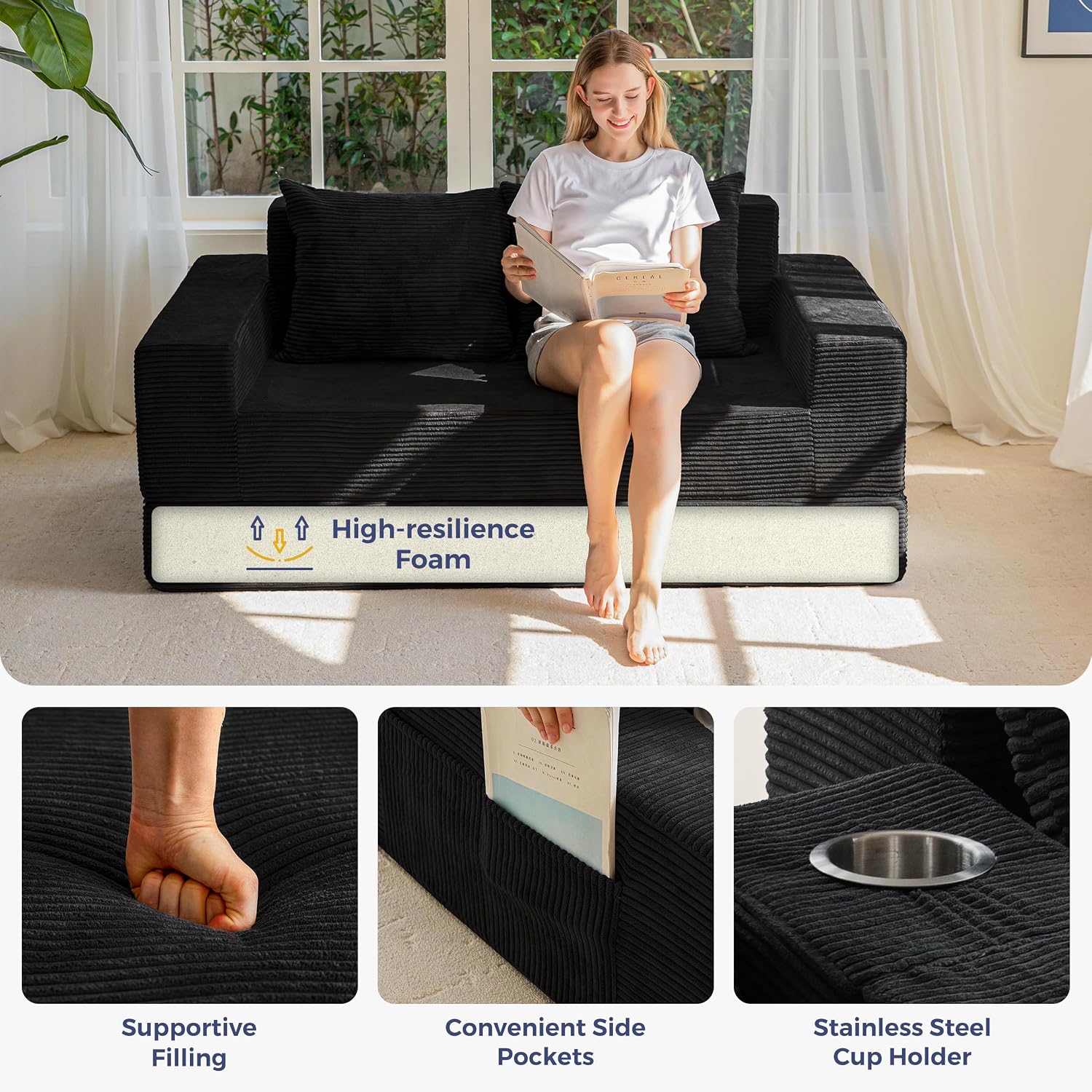 MAXYOYO Loveseat Sofa Bed, 64' Foldable Floor Sofa Couch in A Box with 2 Cup Holders, 4 in 1 Convertible Boneless Couch Folding Recliner Sleeper Chair for Living Room, No Assembly Required, Black