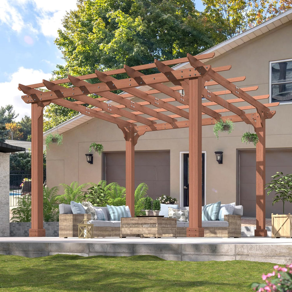 Yardenaler 10x10 FT Wooden Pergola, Cedar Wood Gazebo with Flat Roof, Outdoor Garden Shelter with Stakes Included, Patio, Deck, Backyard, Lawn