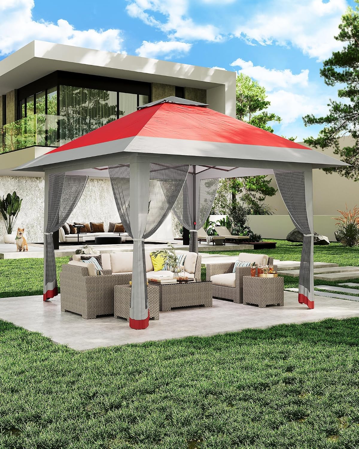 13'x13' Pop Up Gazebo, Heavy Duty Instant Canopy Gazebo with Mosquito Net & Double Roof, 3 Level Adjustable Height Canopy Tent, UV-Resistant Outdoor Party Tent for Backyard, Garden, Lawn