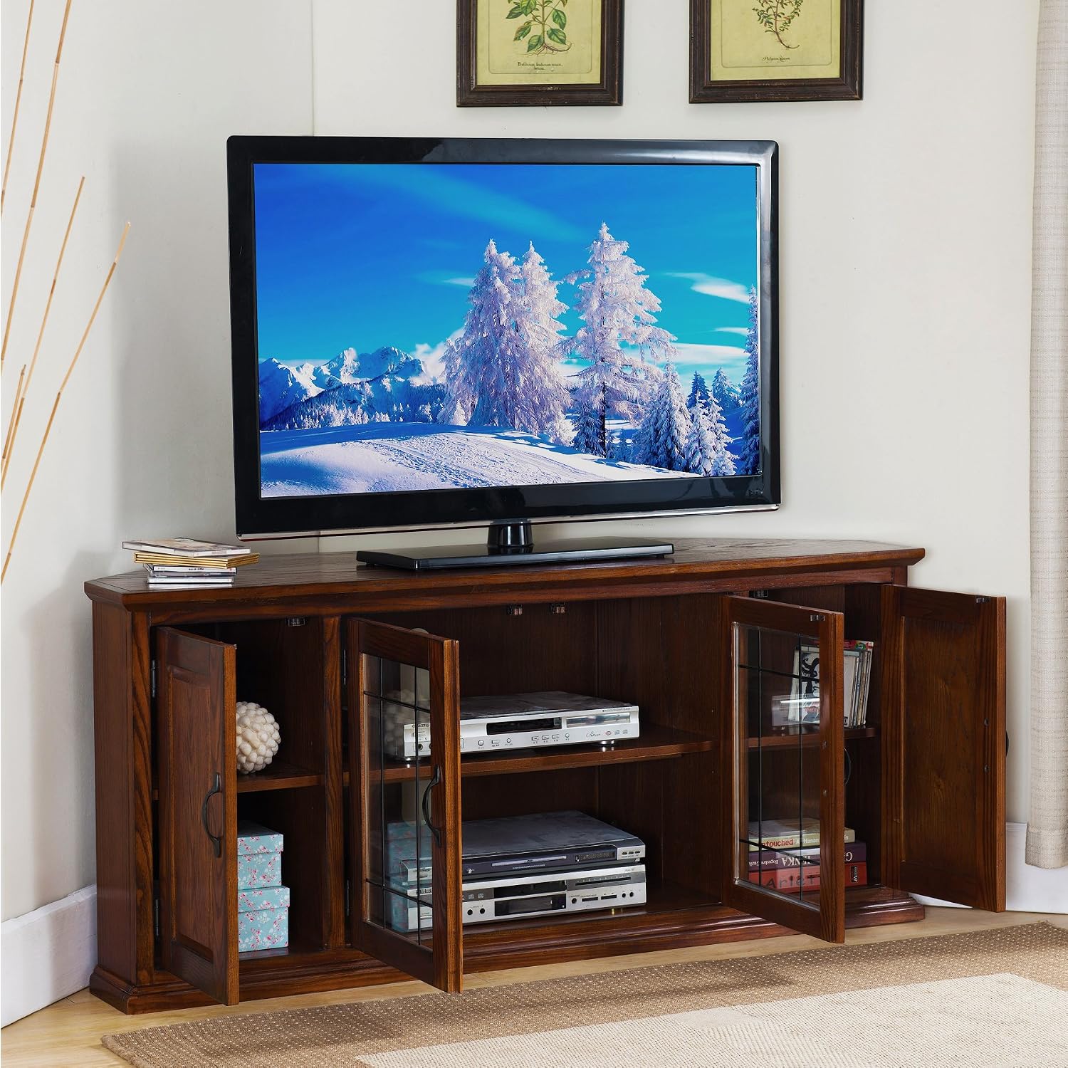 Leick Home Riley Corner TV Stand 60 in, Burnished Oak, Solid Wood, Beveled Tempered Glass, Blackened Hardware, Adjustable Shelf, Easy Assembly, 56 in L x 20 in W x 25 in H, Item 80386