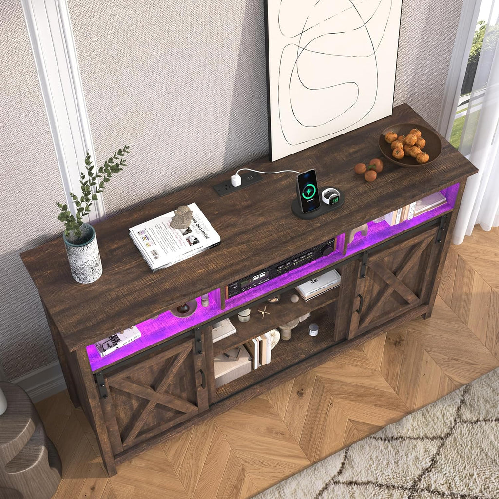 jiteentarou Farmhouse TV Stand for 65 Inch TV with Power Outlet, LED Entertainment Center with Storage and Sliding Barn Doors, Wood Media Console for Living Room, Brown