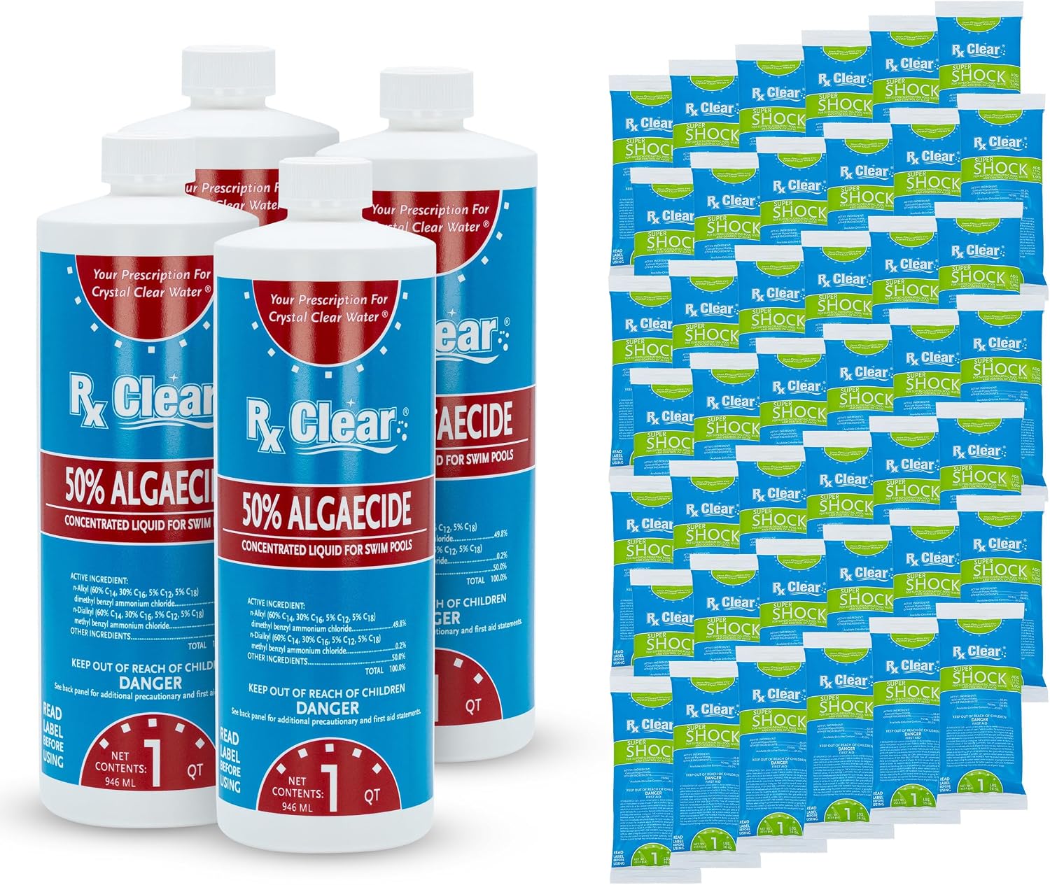 Rx Clear Algae Prevention Maintenance Kit | 3-Month Supply | Four 18 fl. Ounce Bottles of 50% Algaecide | 42 One Pound Bags of Super Shock - 68% Calcium Hypochlorite | for Pools Up to 35,000 Gallons