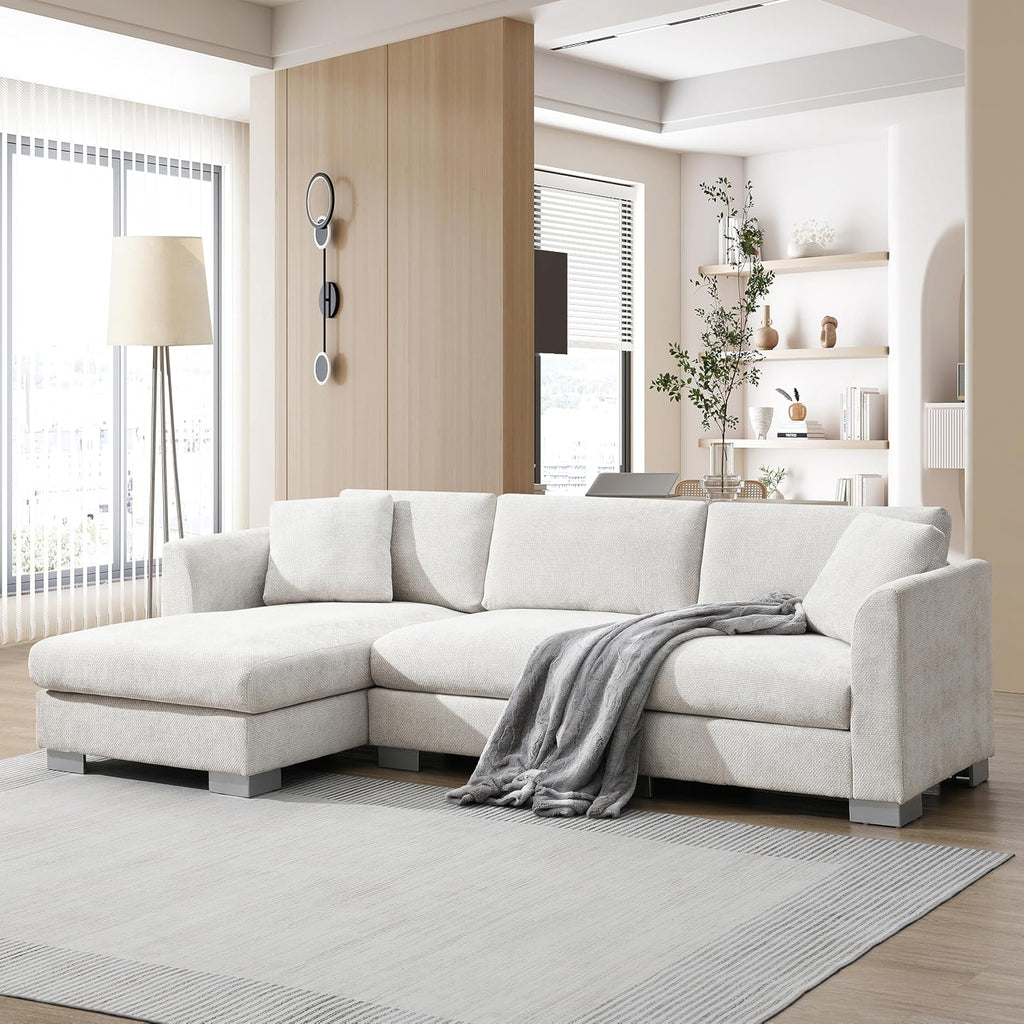 Merax Modern Chenille Sectional Sofa with Oversized Chaise, L-Shaped Couch with 2 Free Pillows, 4-Seat Sleeper Lounge for Living Room, Apartment,Office Minsk Gray