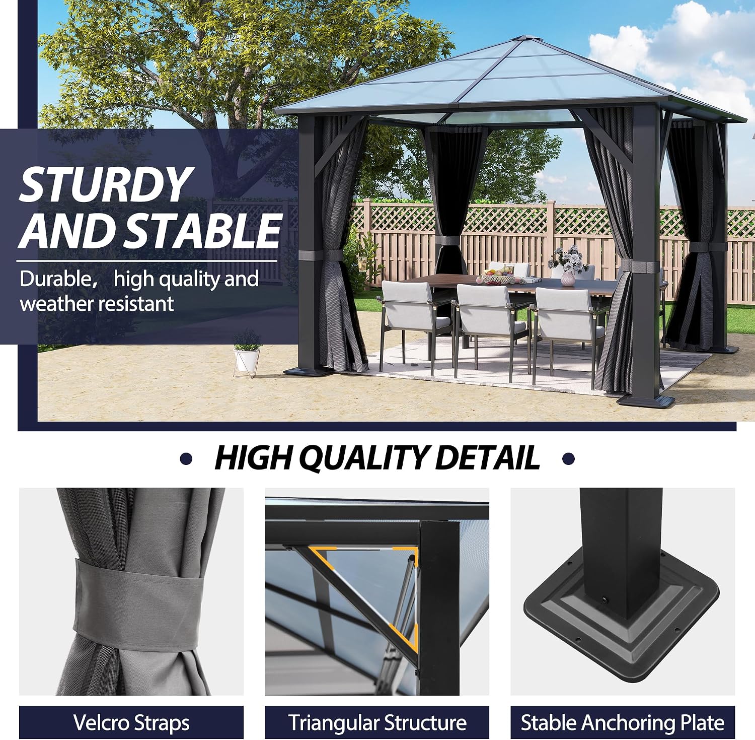 10'x10' Hardtop Gazebo, Outdoor Polycarbonate Roof Gazebo Metal Frame Permanent Pavilion with Netting & Curtains for Garden, Patio, Lawns(Grey)