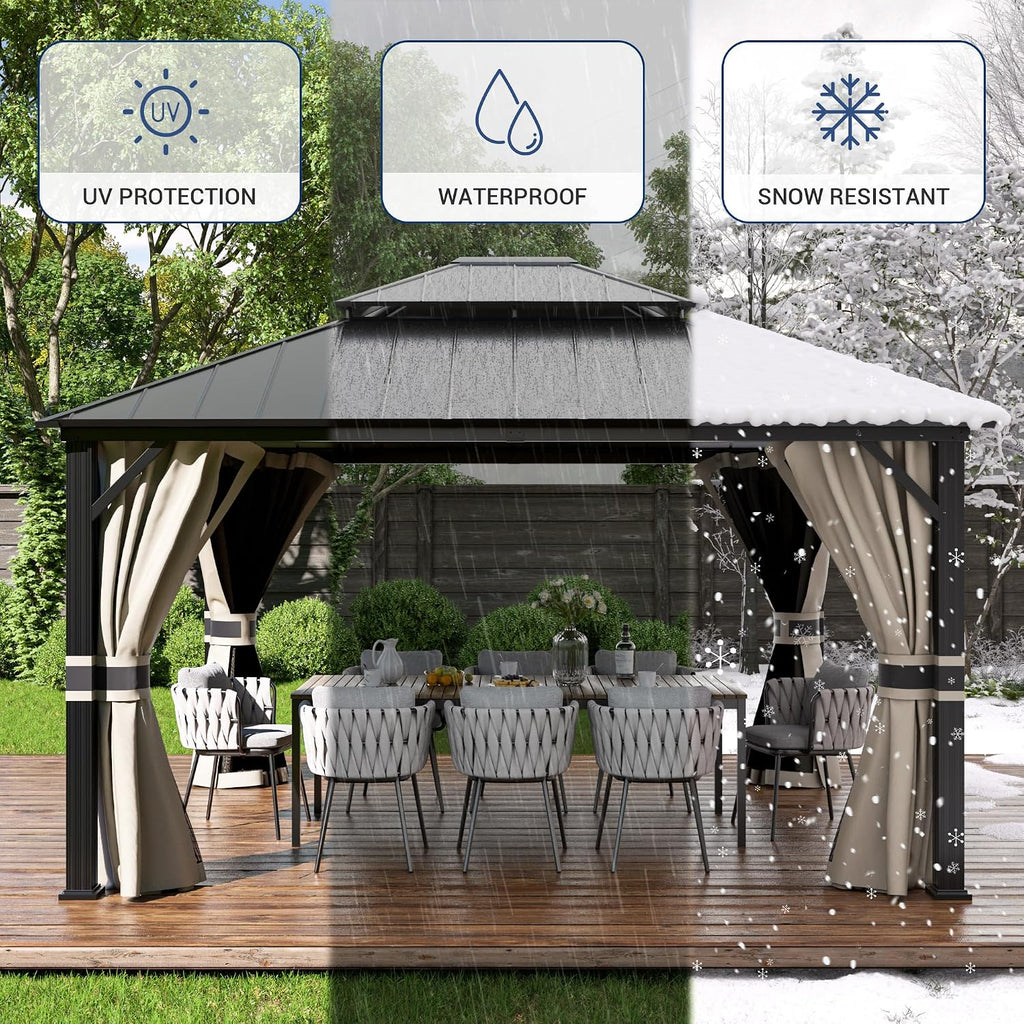 Amopatio 12' X 20' Hardtop Gazebo, Aluminum Gazebo with Double Galvanized Steel Roof, Curtains and Netting Included,Outdoor Metal Pergola for Patios, Garden, Parties, Lawns（Beige