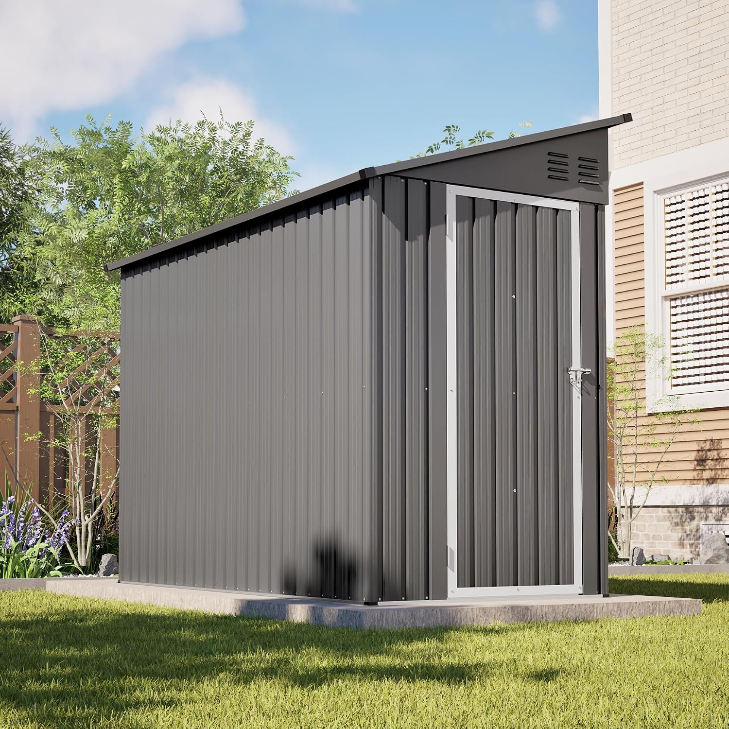 YOPTO 4×8 FT Lean to Metal Shed,Outdoor Heavy-Duty Storage Shed with Floor Base,All Weather Waterproof Garden Tool House W/Lockable Door&2 Air Vents,Reversible Door Design,for Backyard,Patio,Lawn,Gray