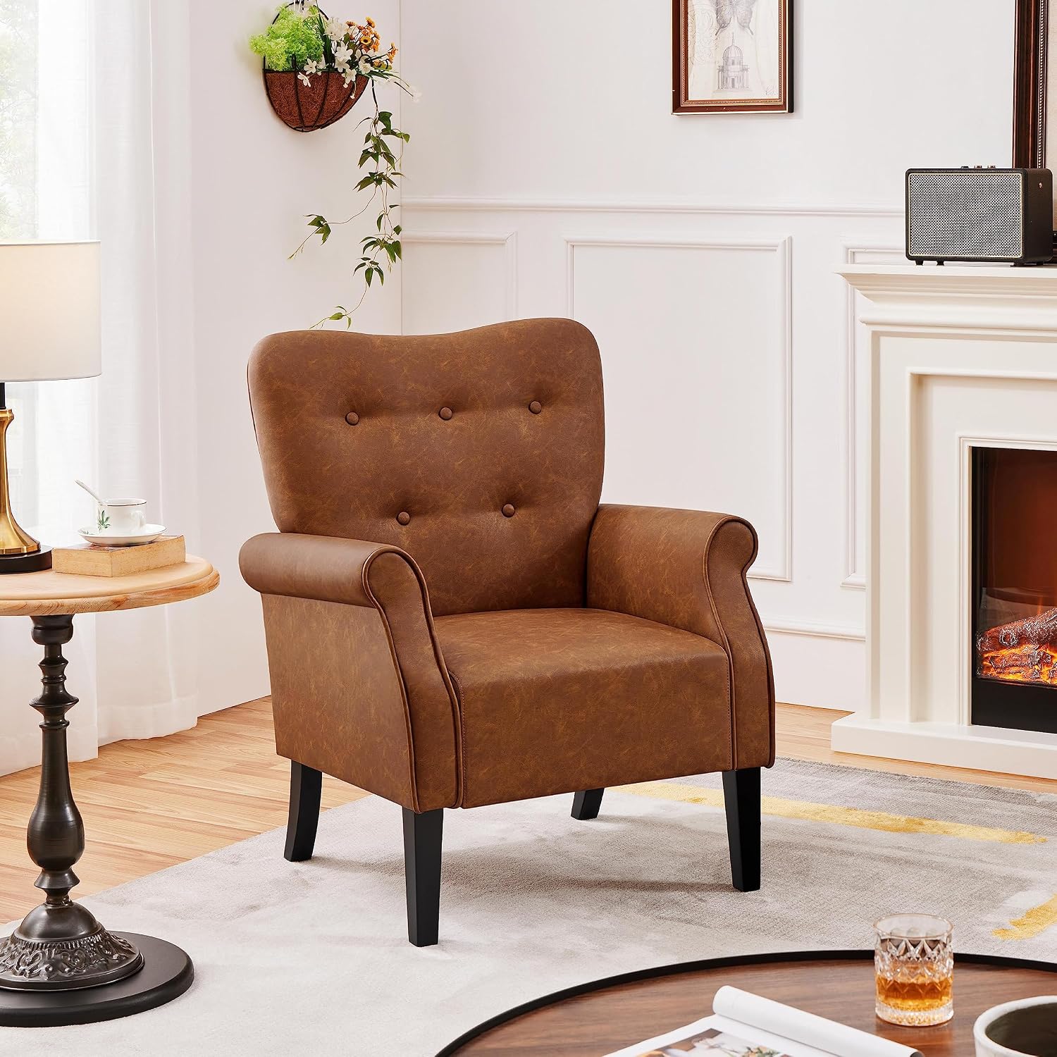 Yaheetech Modern Armchair, Mid Century PU Leather Accent Chair with Sturdy Wood Legs and High Back for Small Space, Upholstered Sofa Club Chair for Living Room/Bedroom/Office, Retro Brown