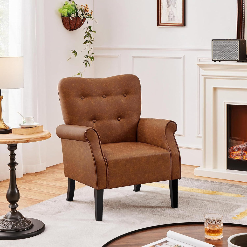 Yaheetech Modern Armchair, Mid Century PU Leather Accent Chair with Sturdy Wood Legs and High Back for Small Space, Upholstered Club Sofa for Living Room/Bedroom, Set of 2, Retro Brown