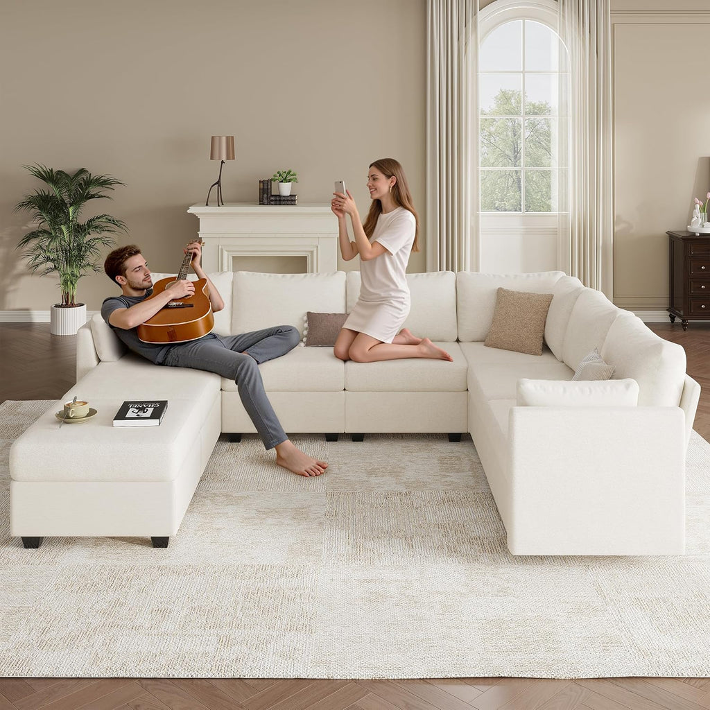 Modular Sectional Sofa Couches, Large Convertible Modular Couches with Storage, 8-Seater Sectional Sofa for Living Room, U Shaped Sectional Couch Sleeper Sofa with Chaise (Beige, 8 Seats)